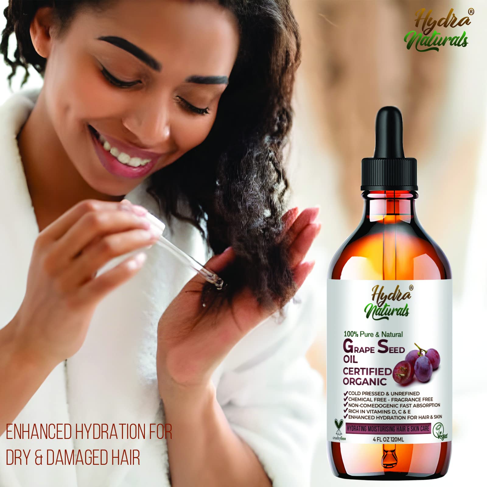 **Hydra Naturals 100% Pure Cold-Pressed Grapeseed Oil – Lightweight Moisturizer for Face, Skin & Hair – Natural Carrier Oil for Essential Oils – Hexane-Free, Non-GMO, Unrefined – 50ml – Perfect for Massage, DIY Beauty & Aromatherapy**