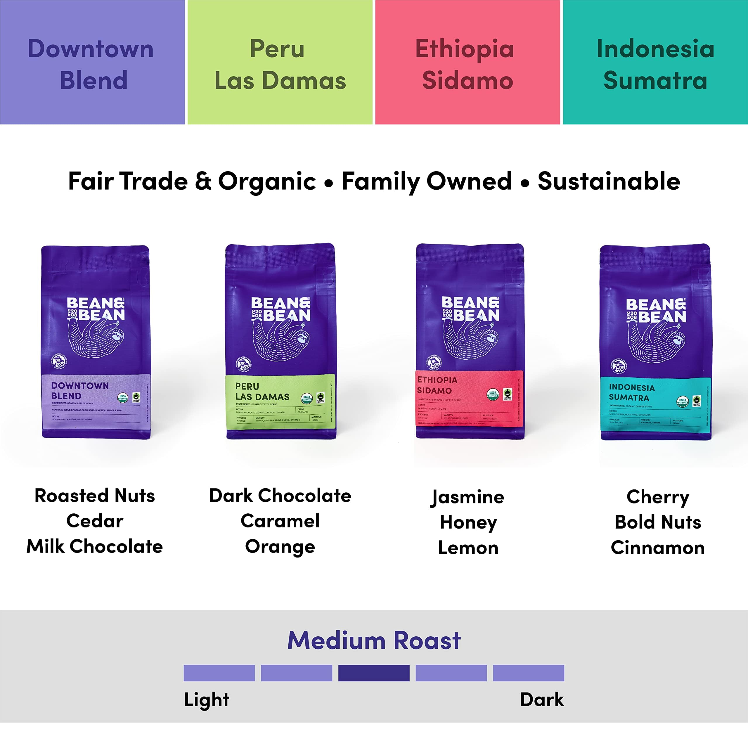 Bean & Bean Around the World Coffee Gift Set - 4 Organic Fair Trade Single Origin Coffee Samplers (4 x 4oz Ground Coffee) - Medium Roast Global Coffee Basket - Perfect for Coffee Lovers, Housewarming Gifts & Office Treats