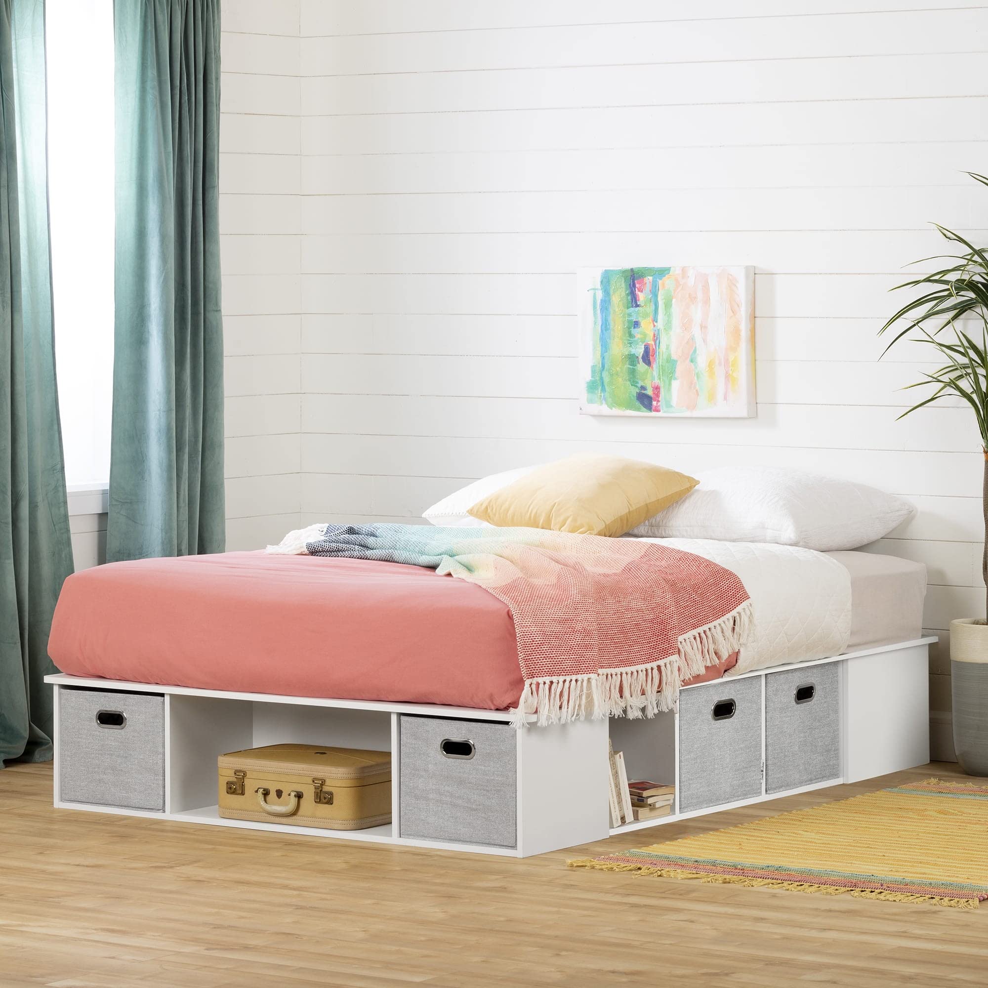 South Shore Flexible Platform Bed with Storage Baskets, Full Size, Pure White - Perfect for Small Bedrooms, Guest Rooms & Dormitories