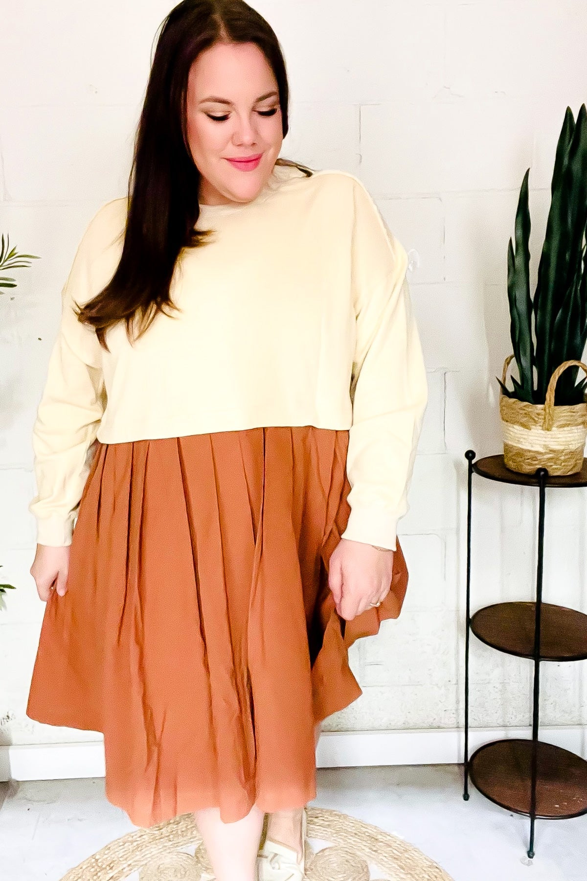 Stylish Bedazzled Cream & Rust Pleated Skirt - French Terry Cotton Dress for Women | Casual & Party Wear | Perfect for Date Nights, Office Outfits & Special Occasions