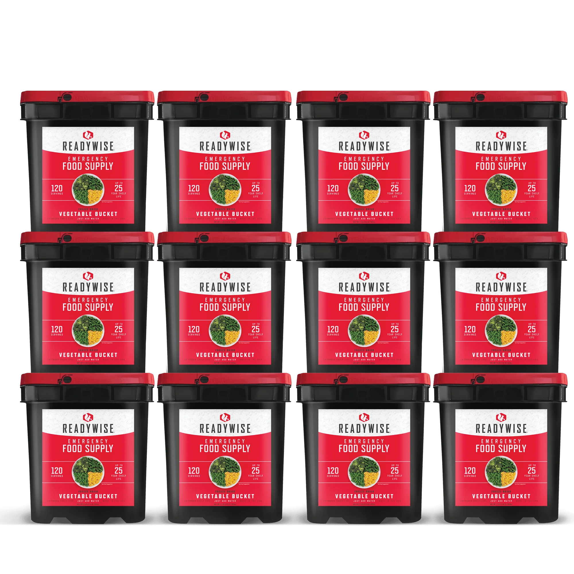 ReadyWise 120 Serving Emergency Food Supply - Freeze Dried Vegetable Bucket (12 Pack) | Long Term Storage, Camping & Survival Prep