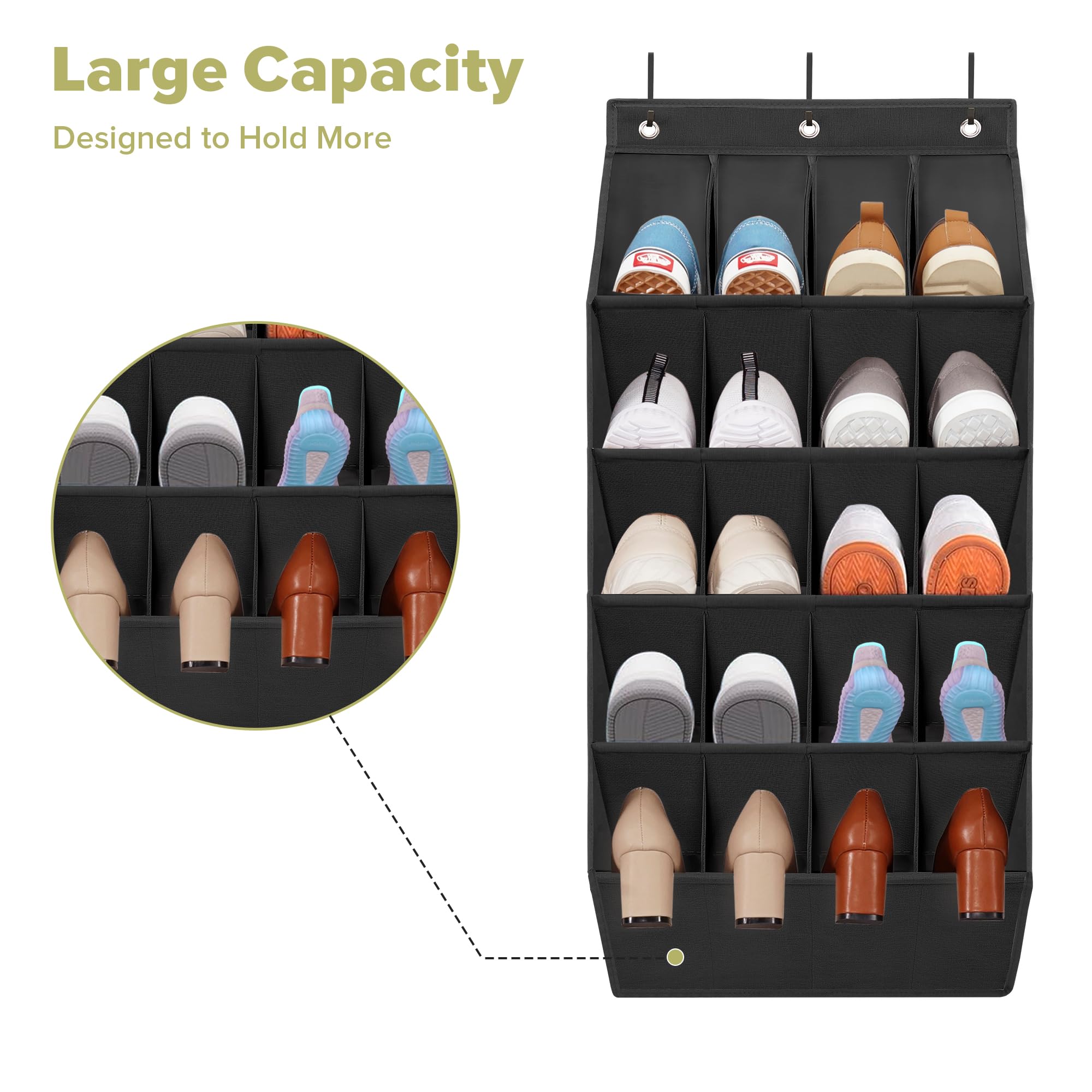 2 Pack Over The Door Shoe Organizer with 20 Large Pockets - Heavy Duty Hanging Closet Storage Rack for Sneakers, Boots & Shoes - Space Saving Solution for Bedrooms, Closets & Dorm Rooms (Black)