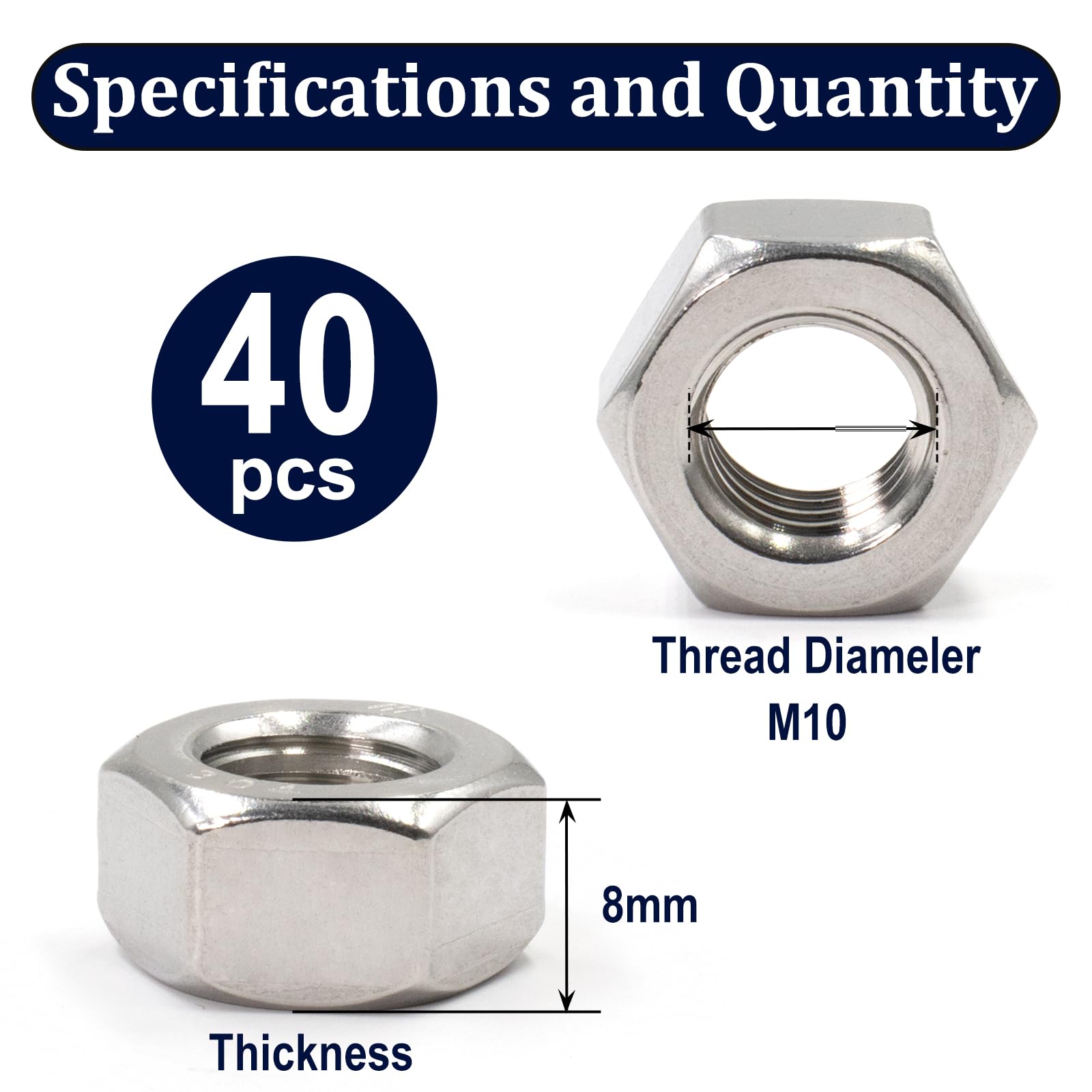 ZQZ M10-1.5mm Hex Nuts 40 Pack - 304 (A2-70) Stainless Steel Metric Coarse Thread Hardware Nuts - Ideal for Automotive, Machinery & DIY Projects