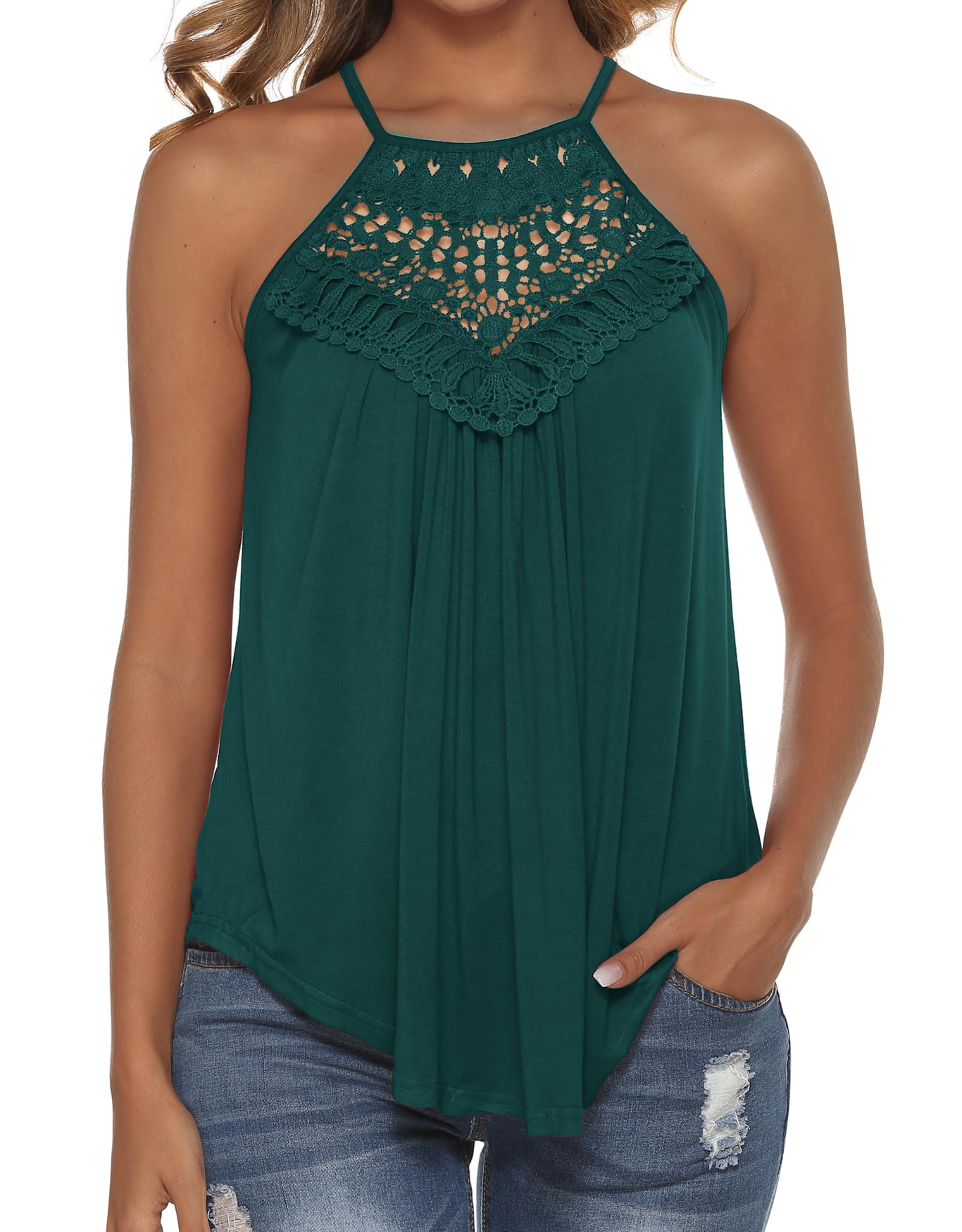 Bluetime Women's Summer Halter Spaghetti Strap Flowy Tank Top - Sleeveless Lace Cami Blouse for Beach, Vacation & Casual Outfits