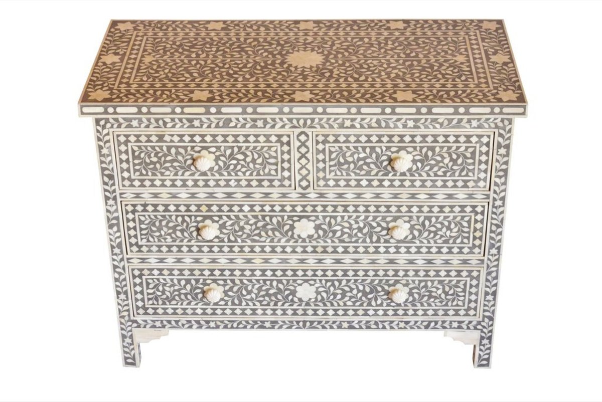 Handmade Bone Inlay Dresser with Floral Design - 4 Drawer Storage Chest in Elegant Grey - Perfect for Bedroom, Living Room & Boho Home Decor