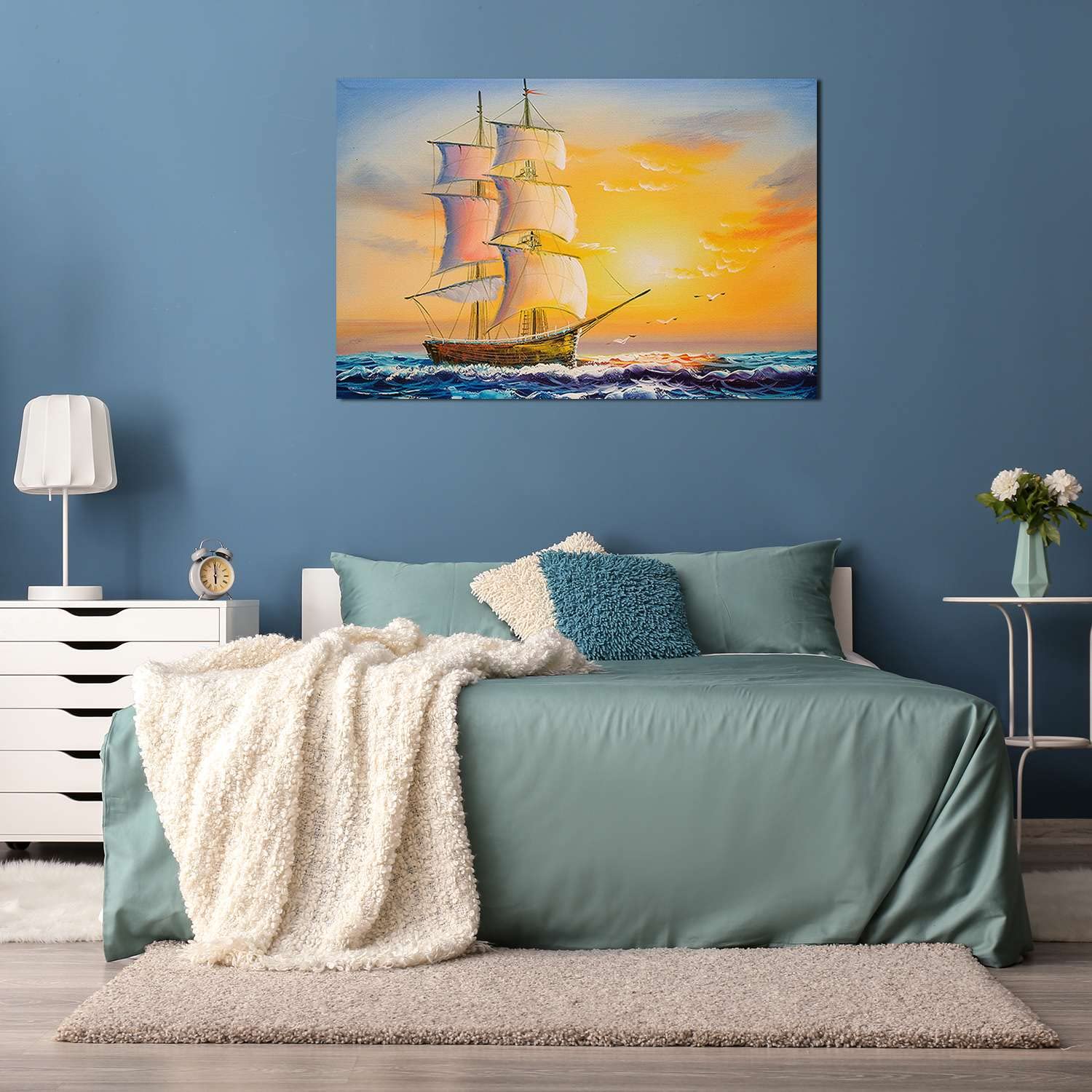 Stunning Sunset Ship Canvas Wall Art - 24x36 Inch Stretched Ready-to-Hang Painting for Living Room, Bedroom & Office Decor | Modern Nautical Day & Night Effect Home Decor | Perfect Gift for Housewarming & Coastal Theme Interiors