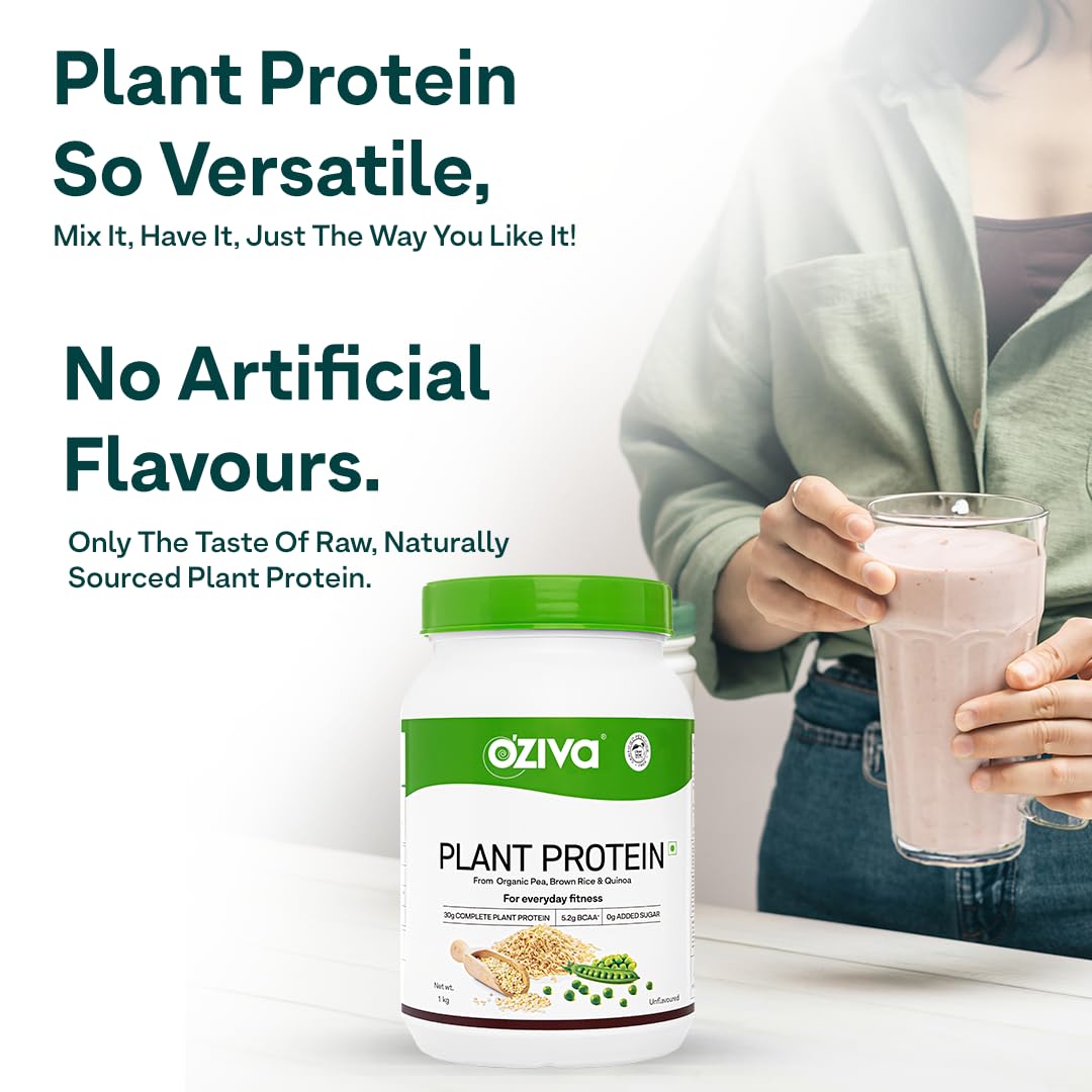 OZiva Organic Plant Protein Powder for Men & Women - 30g Pea Protein Isolate, Vegan, No Added Sugar | Certified Clean, Unflavored | Supports Muscle Recovery & Daily Fitness | Perfect for Smoothies, Post-Workout Shakes & Healthy Lifestyle (1kg + Free Shaker Bottle)