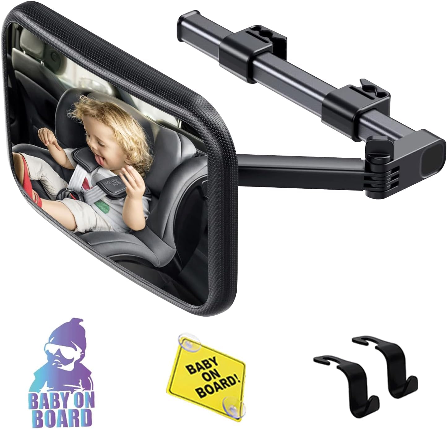 DCIDBEI 5-Piece Baby Car Mirror Set - 360° Adjustable Rear-Facing Mirror with Extendable Arms for Back Seat | Includes 2 Baby on Board Stickers & 2 Car Hooks | Safe Infant Monitoring for Road Trips & Daily Commutes
