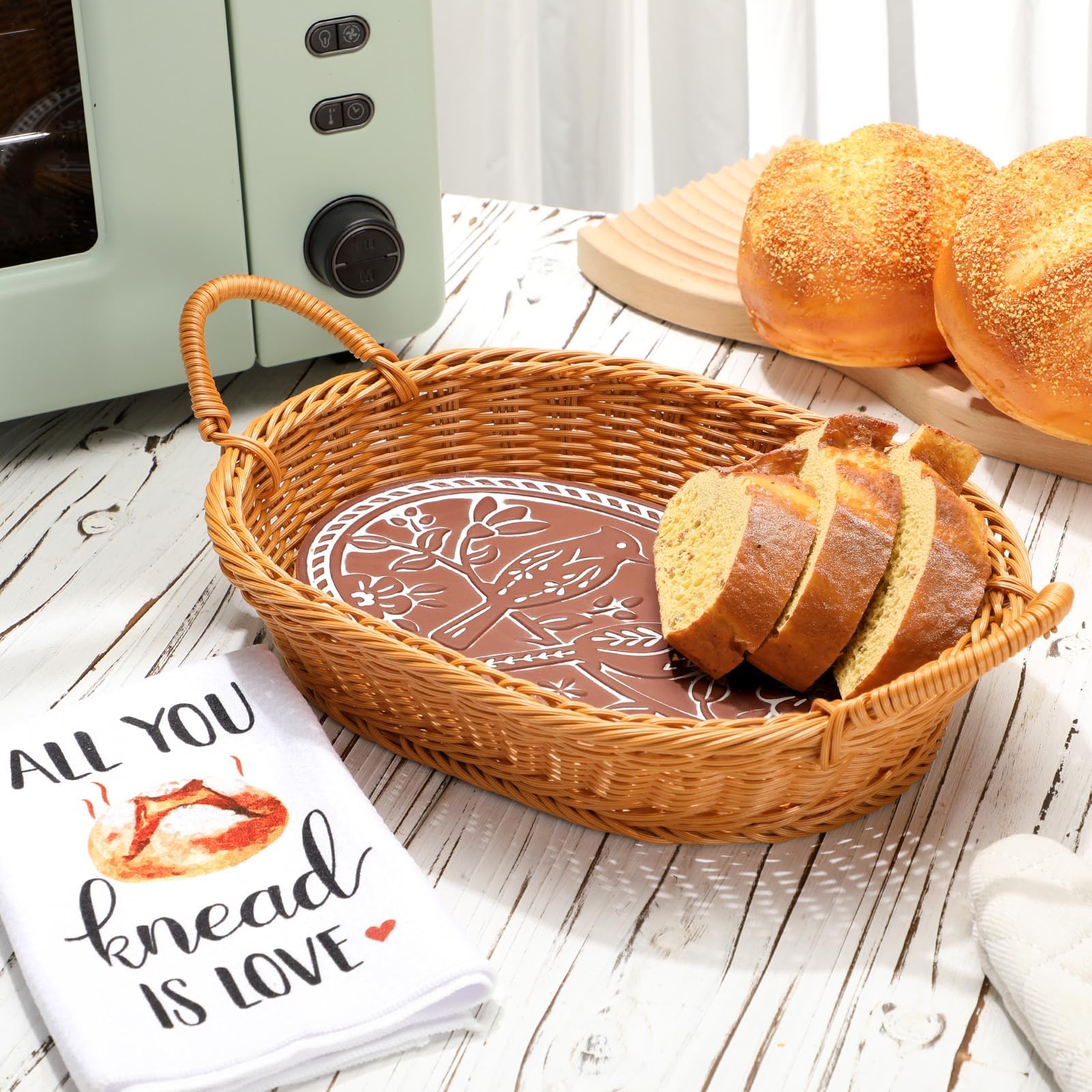 Stone Bread Warmer Basket with Kitchen Towel - Terracotta Tortilla & Bread Serving Basket with Bird on Branch Design - Perfect for Thanksgiving, Christmas, Housewarming Gifts - Ideal for Dinner Parties, Brunch & Holiday Gatherings