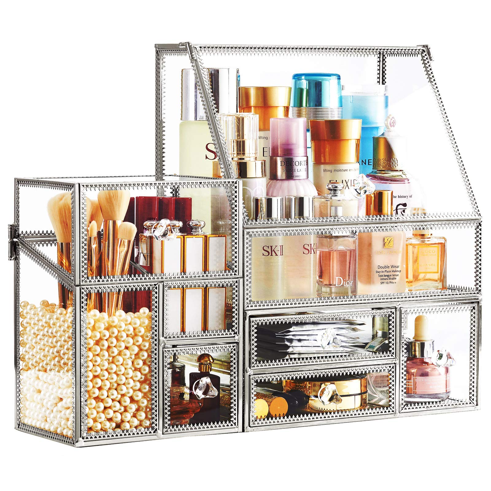 Vintage Glass Makeup Organizer Set - Stackable 2-Piece Drawer Cosmetic Storage Box with Mirror | Beauty Display Holder for Brushes, Lipsticks & Skincare | Perfect for Vanity Countertop, Bathroom & Dressing Table Organization (Silver)