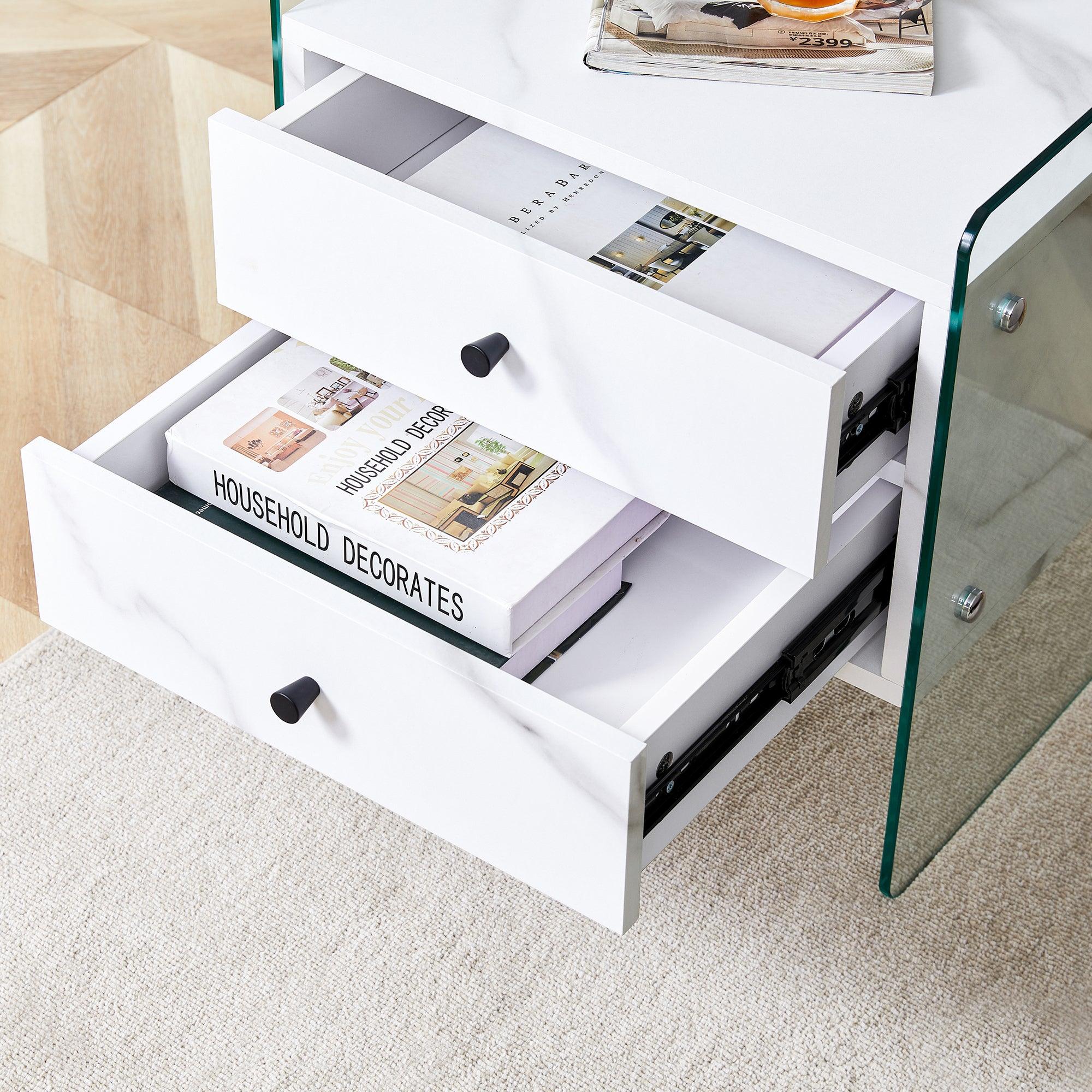 Modern Double Drawer Bedside Table with MDF Sticker Surface & Tempered Glass Sides - Simple Elegant Design, Excellent Storage for Bedroom, Living Room, or Office Use