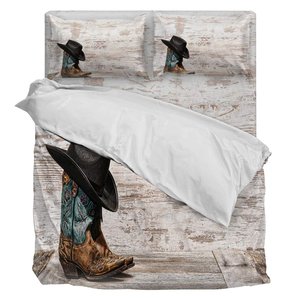 Western Cowboy Boots & Hat Pattern 4-Piece Full Size Duvet Cover Set - Soft Luxury Bedding with 1 Duvet Cover, 1 Fitted Sheet & 2 Pillowcases - Perfect for Ranch, Farmhouse or Country Themed Bedrooms