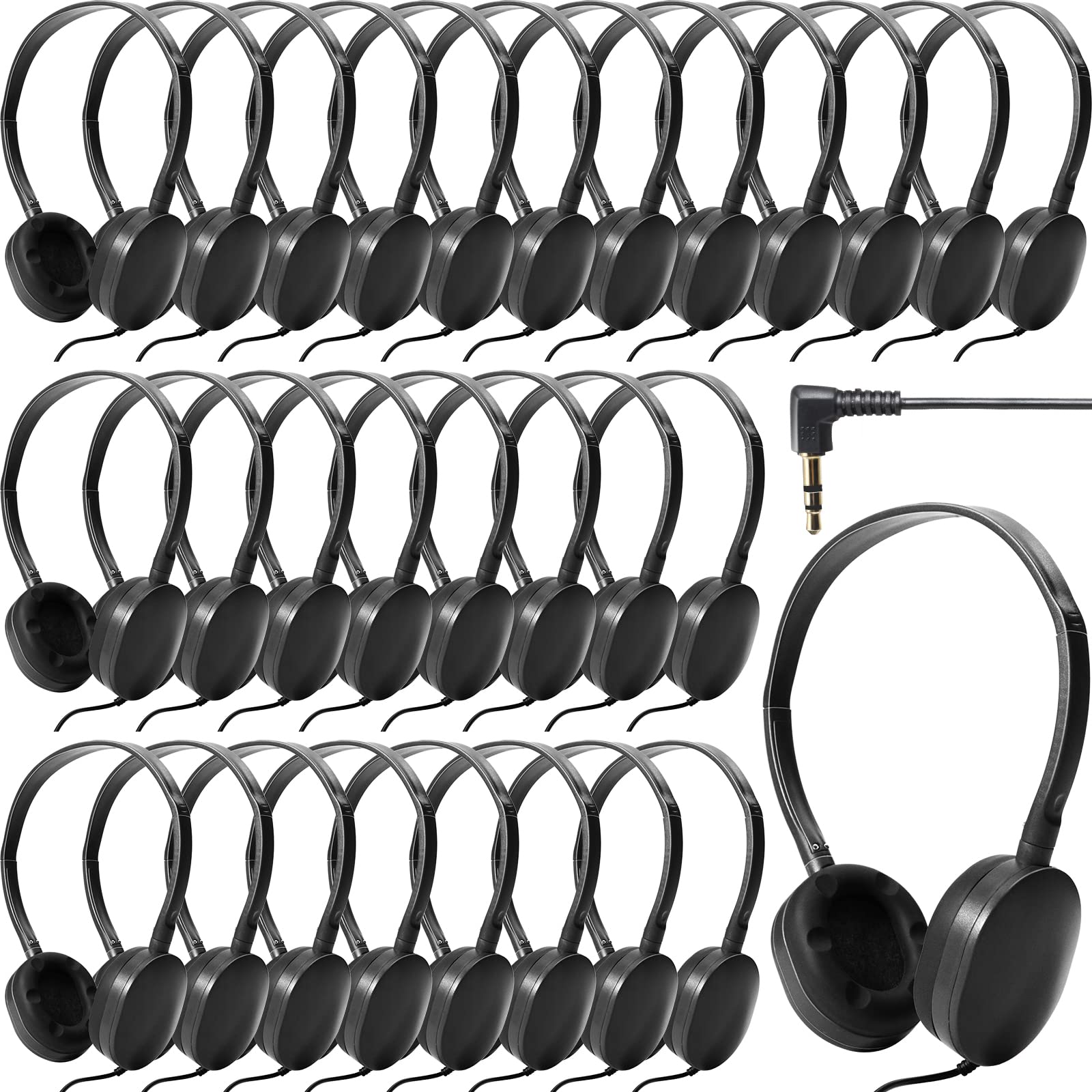Flutesan 30 Pack Wired On-Ear Headphones - Adjustable Stereo Headphones for Kids, Boys & Girls - Lightweight Children's Earbuds for School, Travel, Airplane, Laptop & Tablet Use - Ideal for Online Classes & Entertainment (Black)