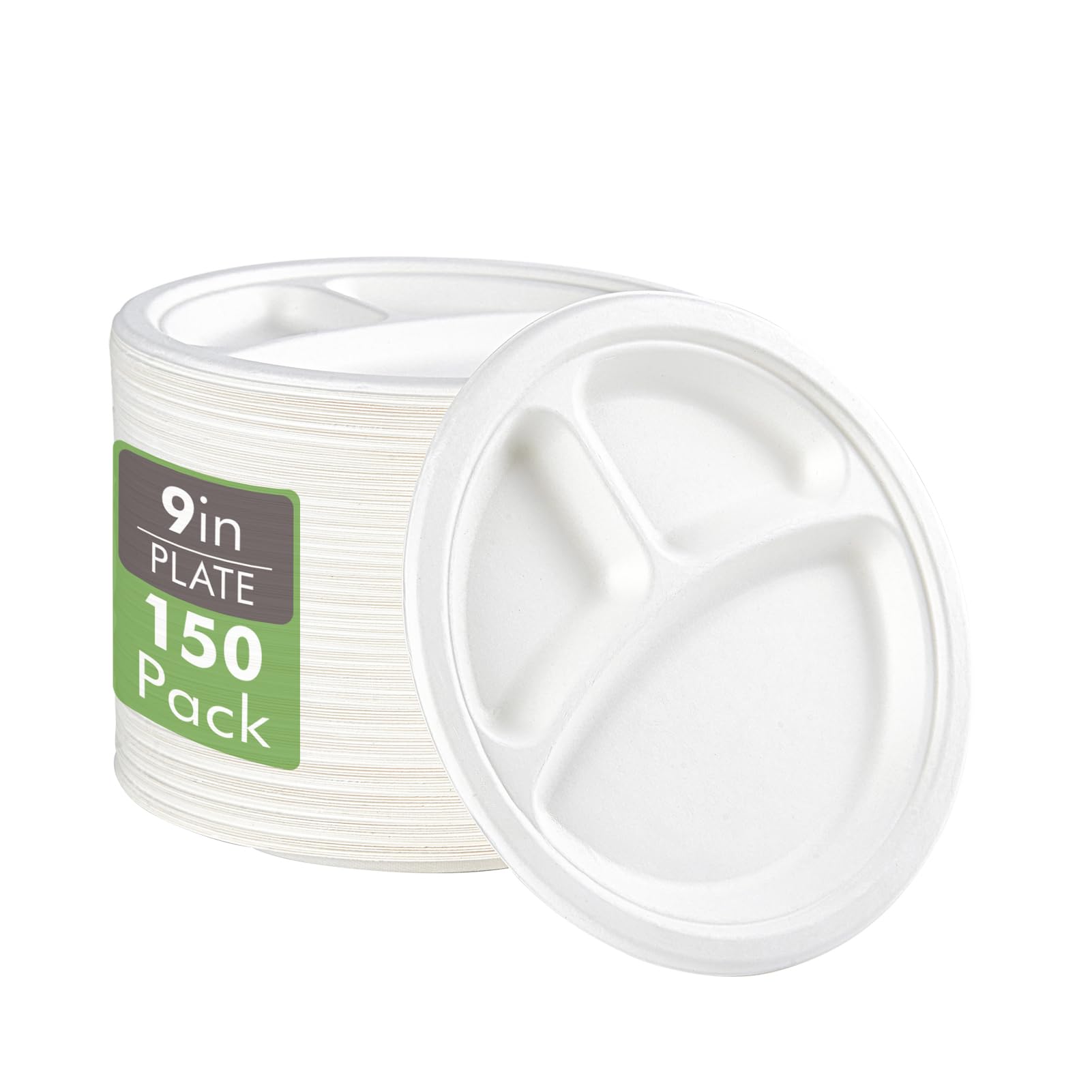 Vplus 100% Compostable 9 Inch 3-Compartment Paper Plates - 150 Pack Heavy Duty Disposable Plates Made from Sugarcane Fiber | Eco-Friendly for Daily Meals, Dinner Parties, BBQ, Picnics & Outdoor Events
