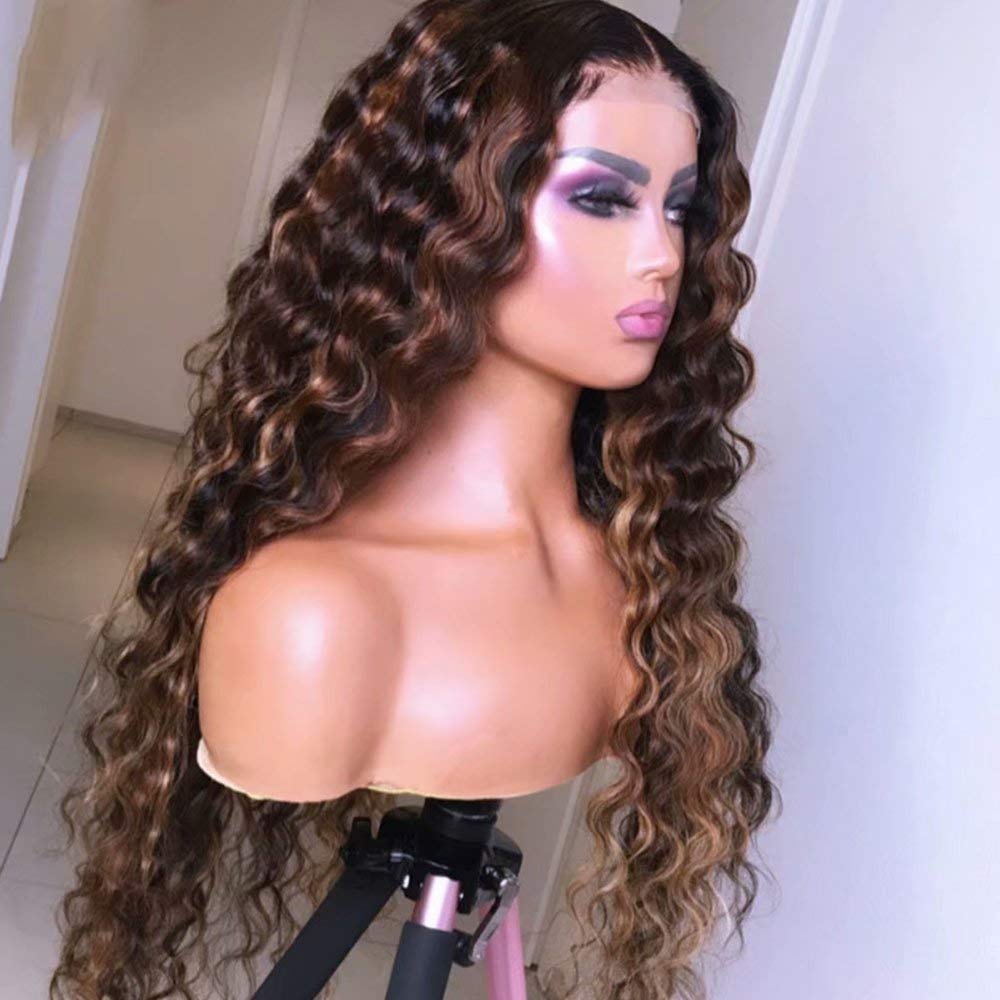 180% Density 1B/30 Blonde Highlight Human Hair Wig - HD Transparent Lace 13x6 Front Wig - Water Wave Ombre Brazilian Hair - Glueless 18 Inch Lace Wig for Women | Perfect for Cosplay, Daily Wear & Special Occasions