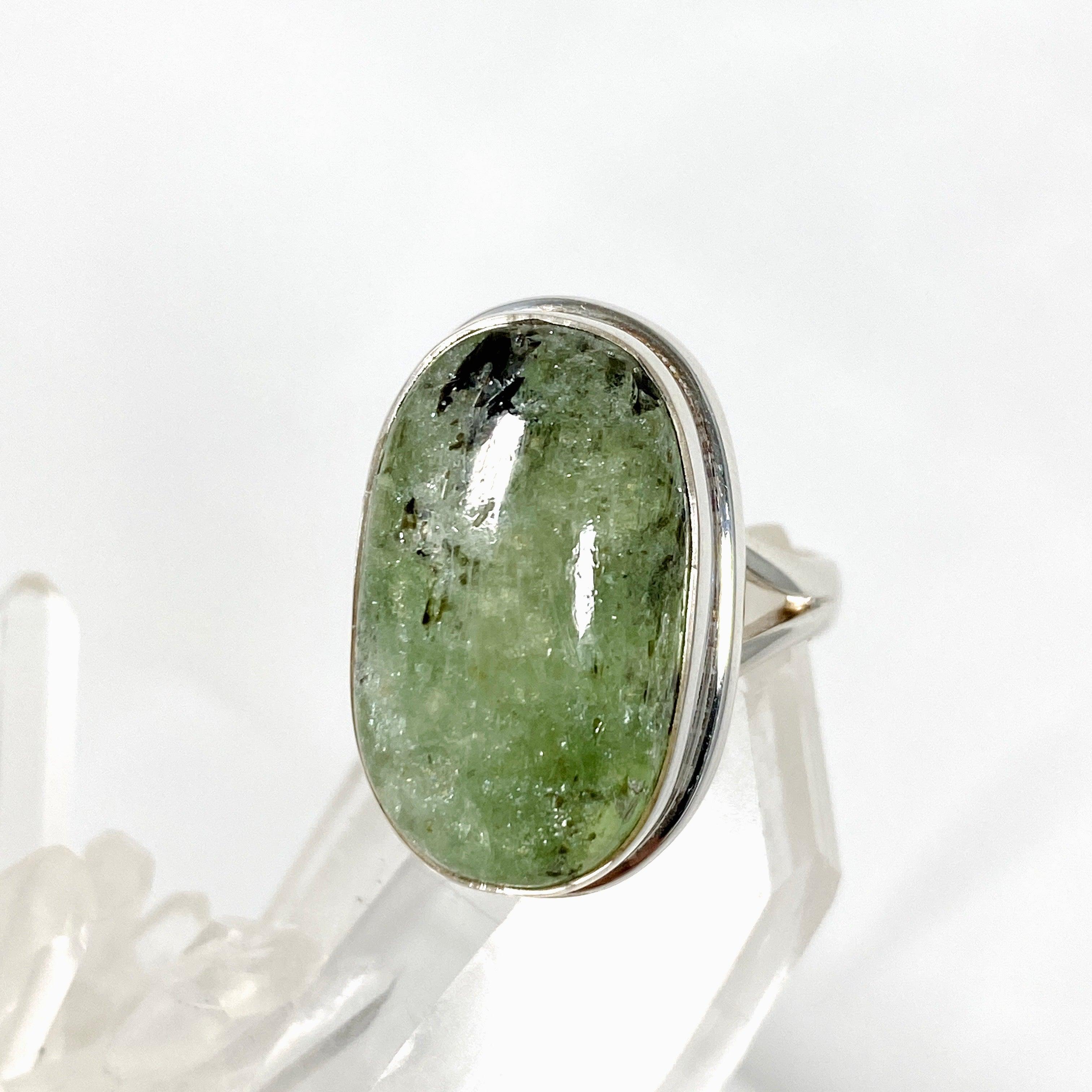 Natural Green Kyanite Oval Ring Size 7 - Handmade Sterling Silver Jewelry for Women - Perfect for Meditation, Healing & Spiritual Practices