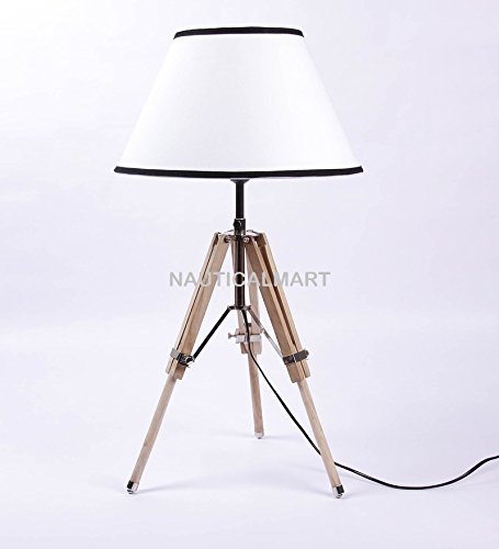 Nauticalmart Designer Natural Wood Tripod Table Lamp with Chrome Spike - Modern Rustic Bedside Lighting for Living Room, Bedroom & Office Decor