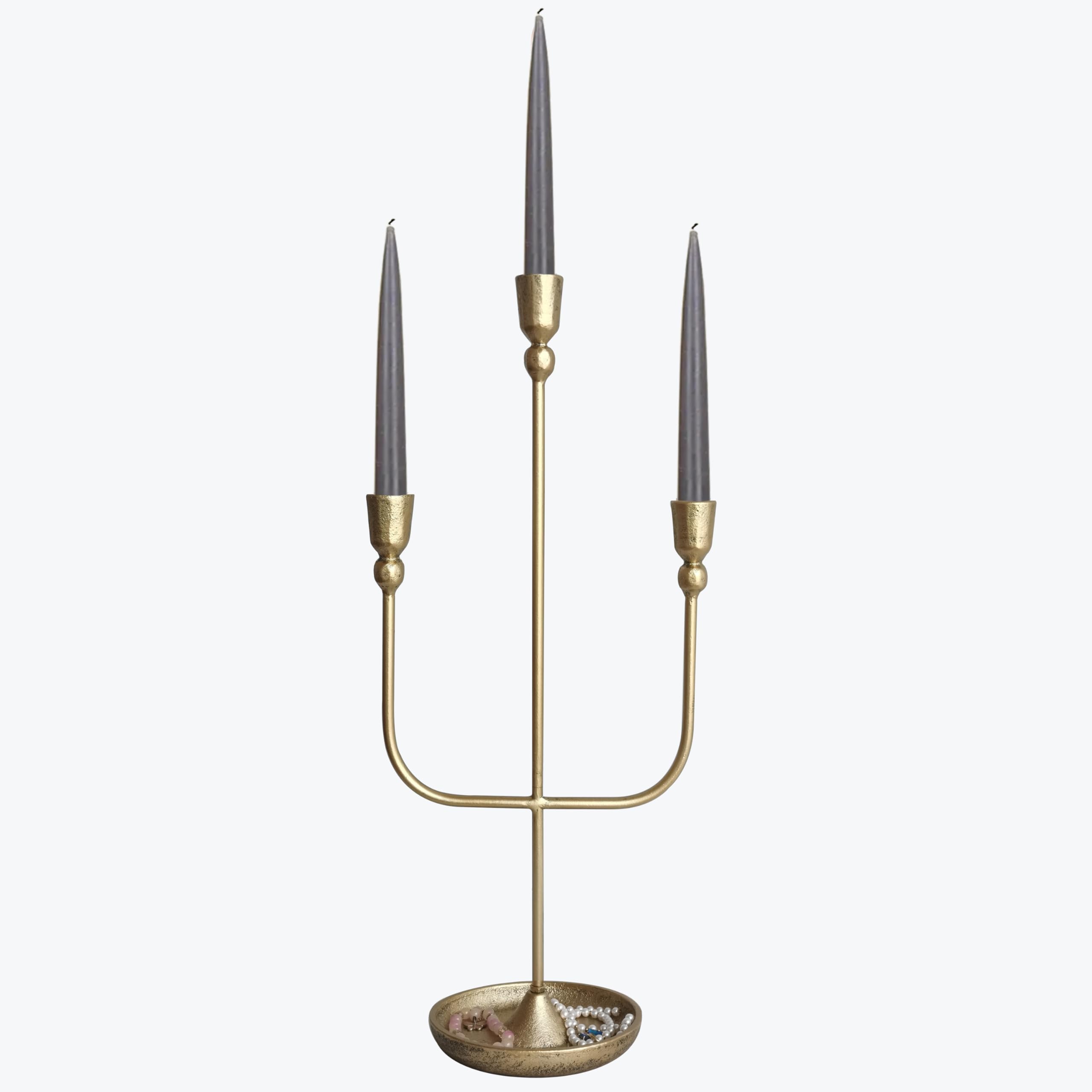 3-Piece Brass Finish Metal Candelabra Set - 20.5 Inch Tall Iron Candle Holders for Wedding Centerpieces, Dining Table Decor & Romantic Home Ambiance