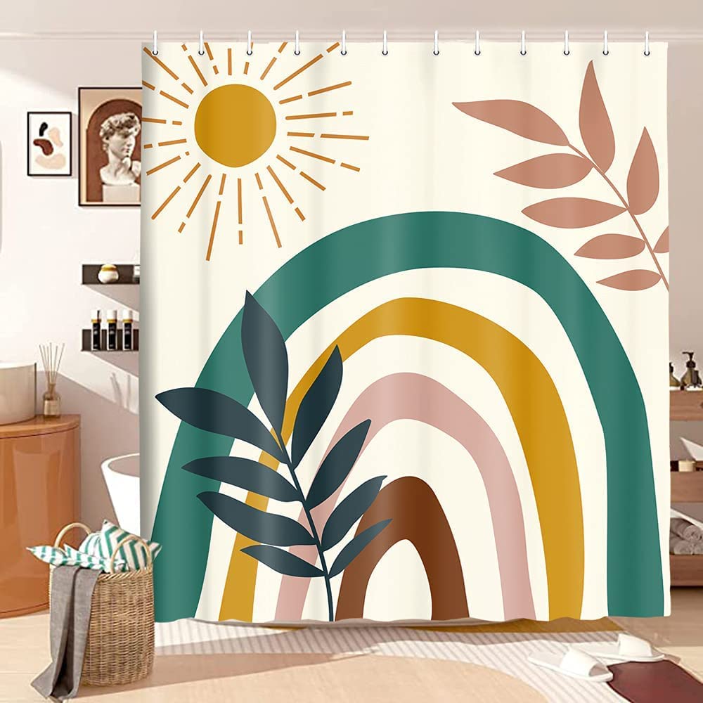 Mid Century Abstract Boho Shower Curtain Set - Sun Rainbow Leaves Geometric Design, Minimalist Aesthetic Polyester Fabric Bathroom Curtain with 12 Hooks (60x70 Inches) - Perfect for Modern, Rustic & Bohemian Style Bathrooms