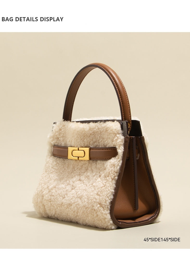 Premium Genuine Leather & Lamb Wool Winter Tote Bag - Women's Fashion Shoulder Bag & Crossbody Purse for Work, Travel & Daily Use