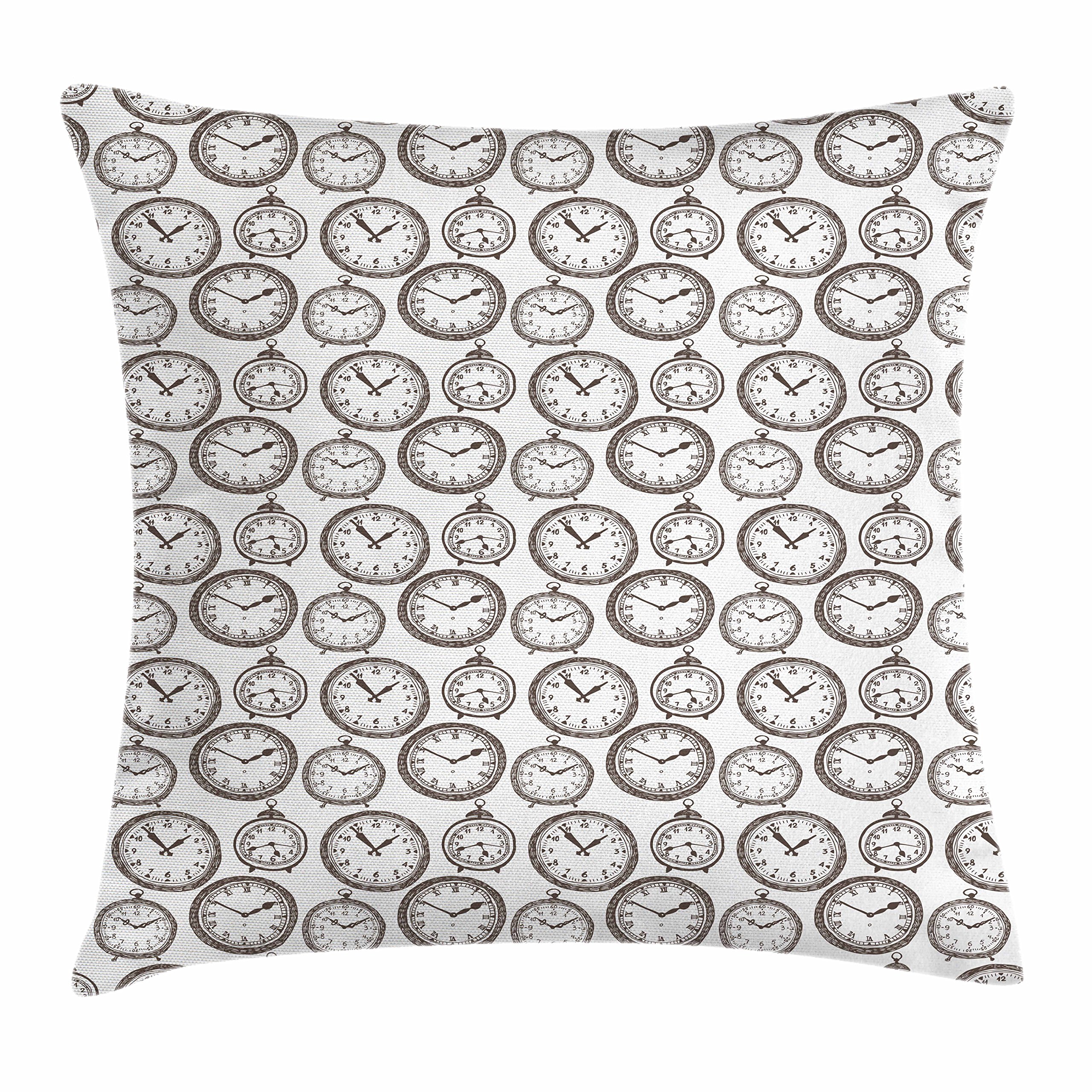 Antique Pocket Watches Sketch Throw Pillow Cover 16x16 - Vintage Chronometer Design Decorative Square Cushion Case in Brown & White | Perfect for Living Room Sofa, Bedroom Decor & Gift Ideas