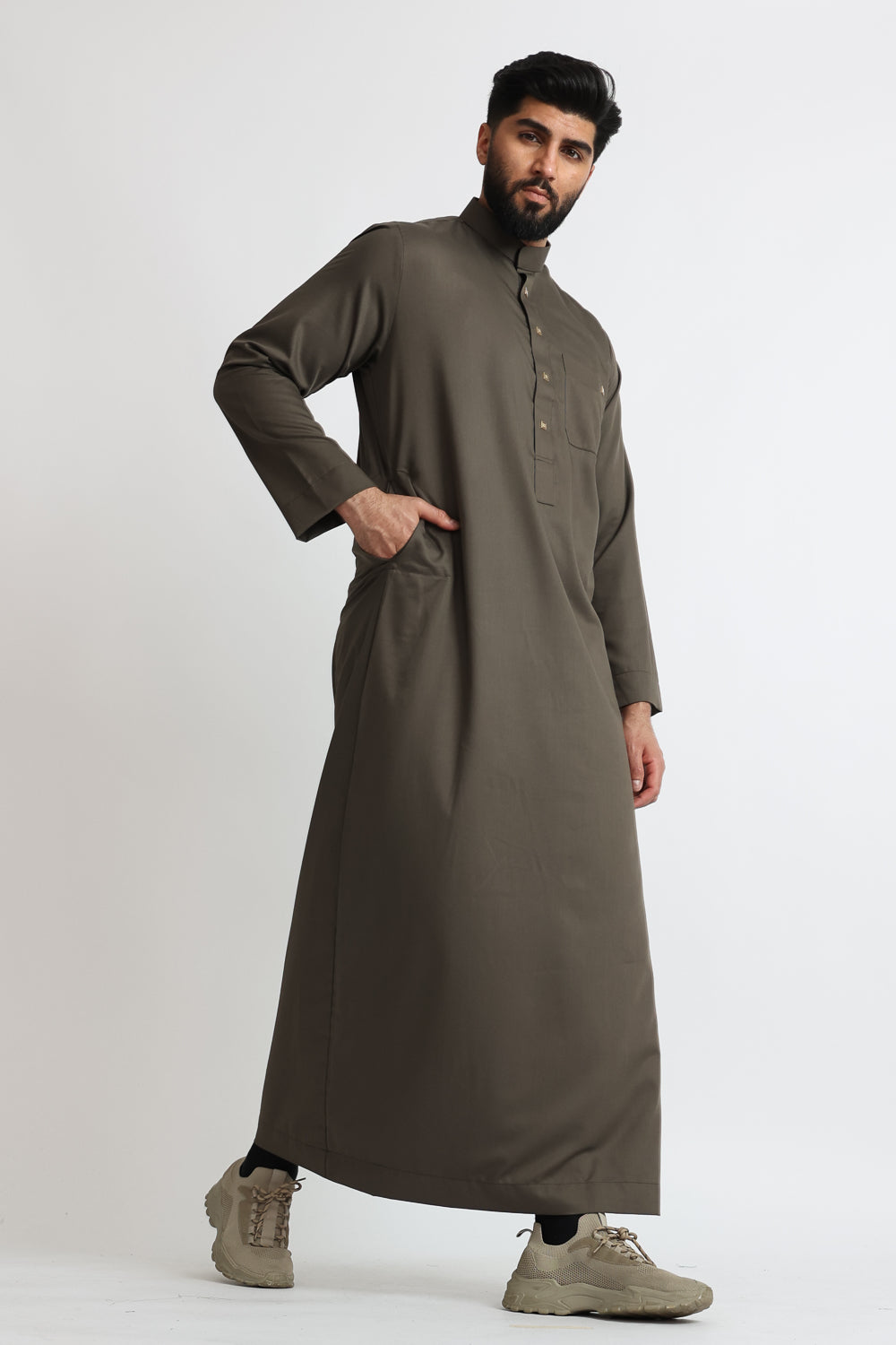 J1517 Dune Saudi Collar Thobe for Men - Traditional Arabic Robe with Embroidery - Perfect for Eid, Wedding & Special Occasions