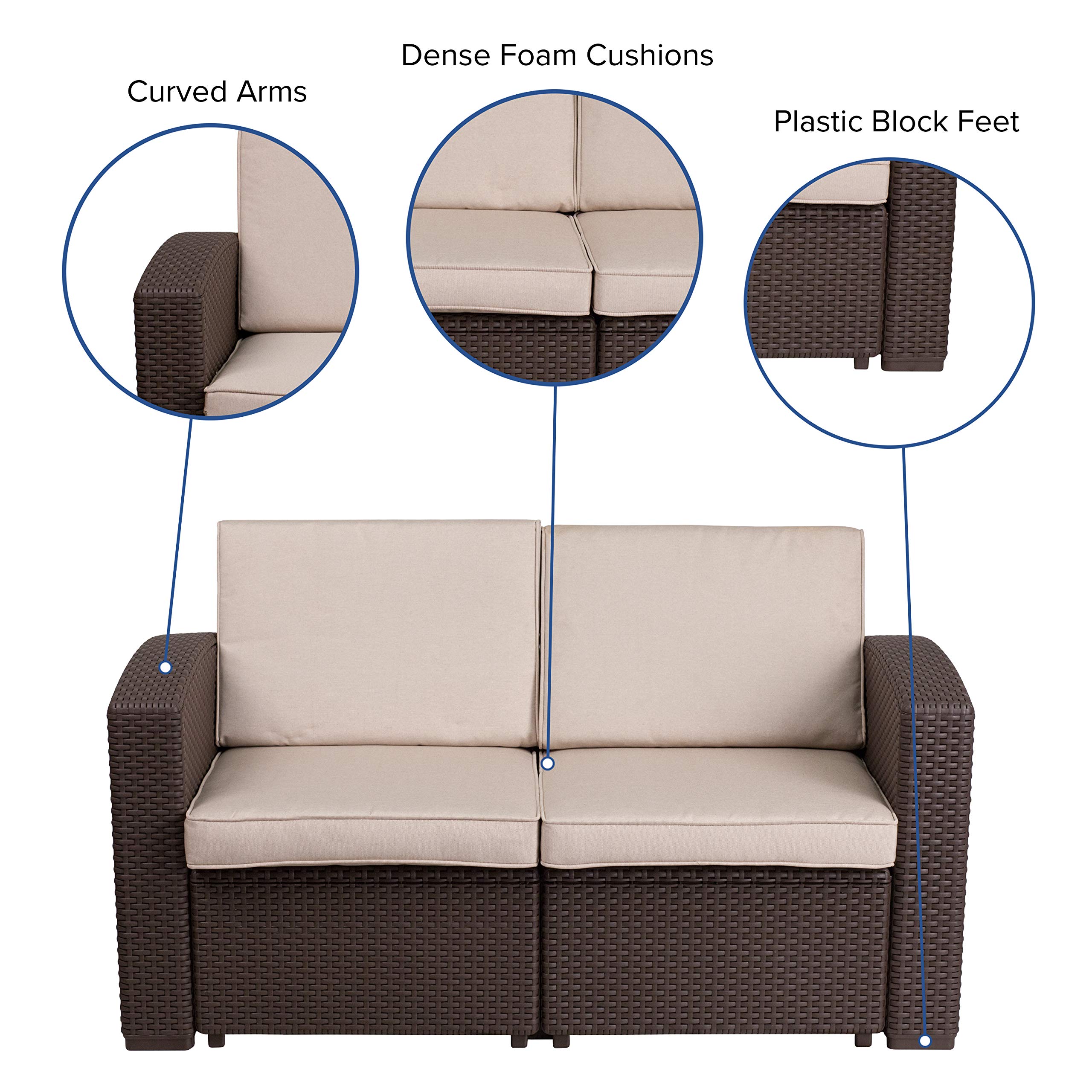 Flash Furniture Seneca Chocolate Brown Faux Rattan Loveseat with All-Weather Beige Cushions - Outdoor Patio, Garden, Poolside Seating for 2