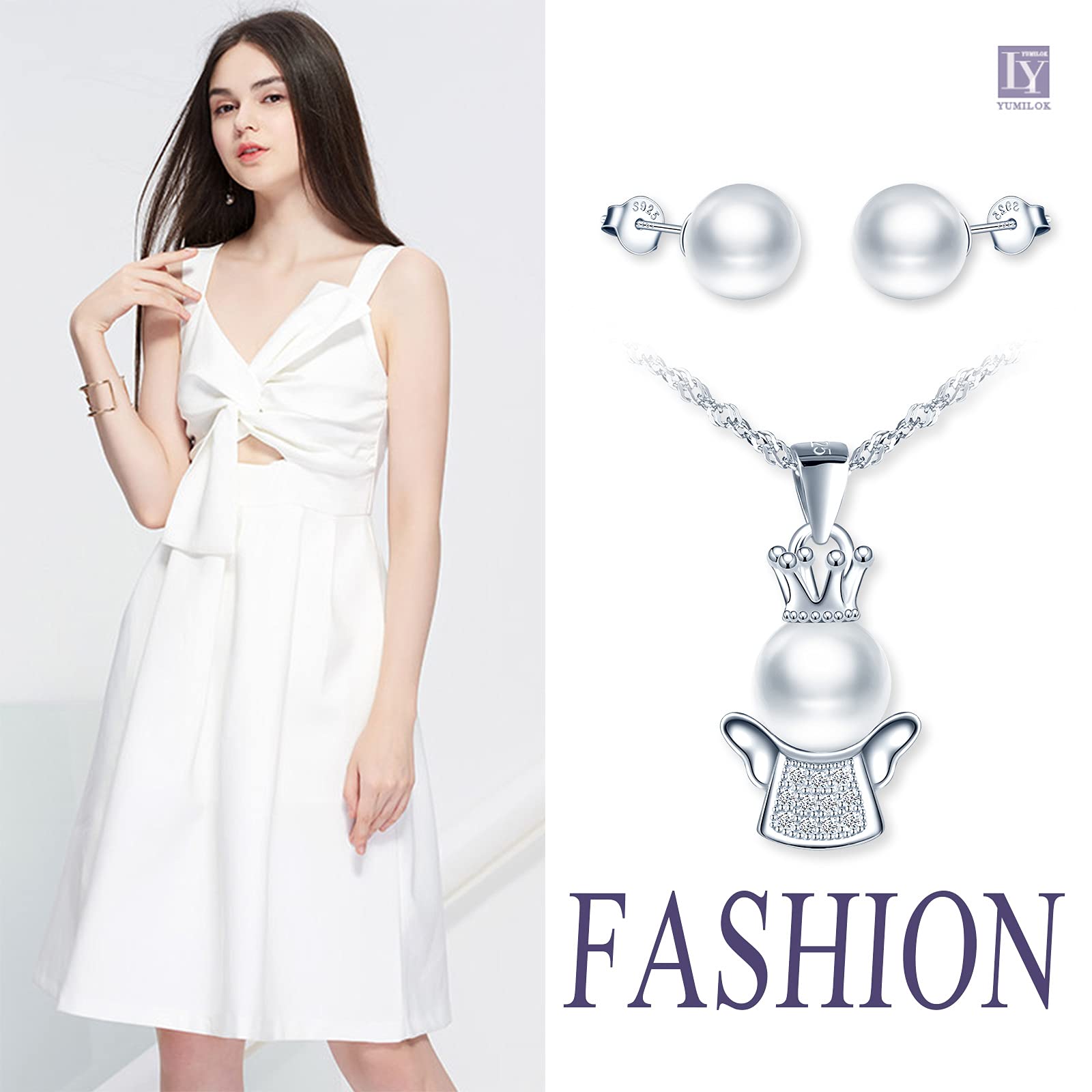 Yumilok Angel Jewelry Set - Pearl Necklace & Earrings for Women | Birthday Gift for Mom & Friends