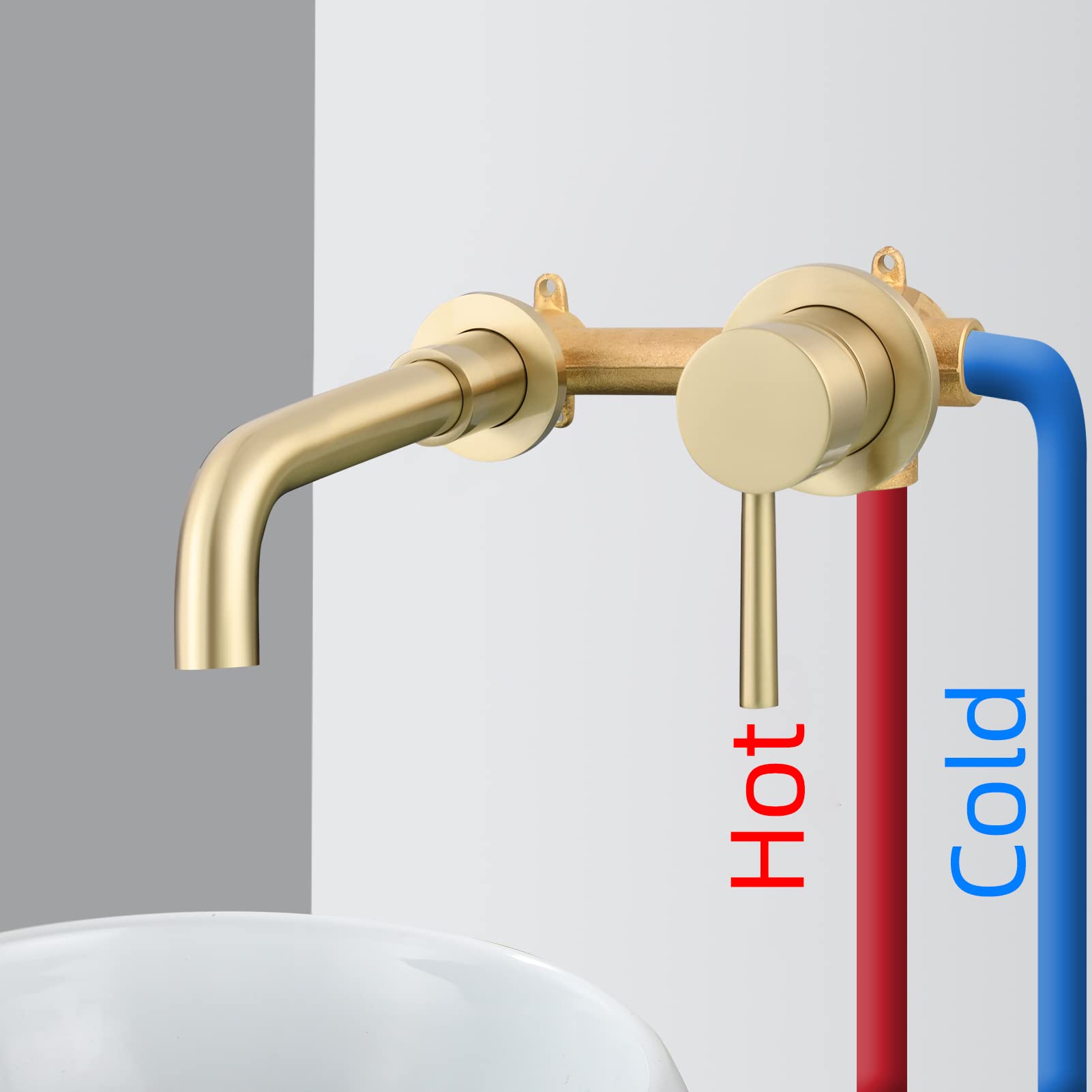 360° Rotating Wall Mount Faucet - Brushed Gold Brass Single Handle Vessel Mixer Tap for Bathroom Sink - Modern Waterfall Spout Design - Perfect for Small Bathrooms, Vanities & Vessel Sinks (Model BJ6083A)