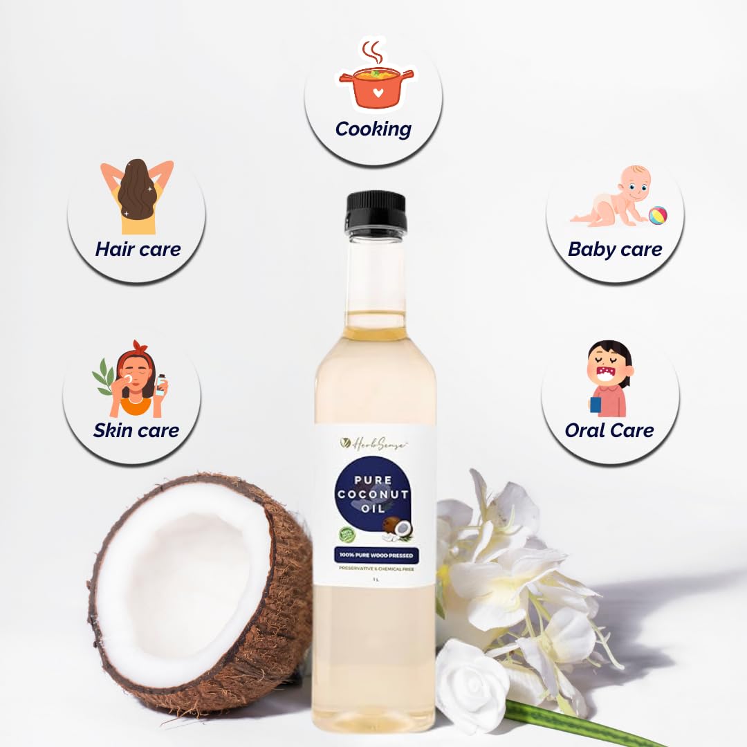 Herbsense 100% Pure Cold Pressed Coconut Oil - Organic Unrefined Virgin Coconut Oil for Hair Care, Skin Moisturizer, Baby Massage & Oil Pulling | 16.9oz (500ml) | Perfect for Cooking, Beauty & Wellness Routines