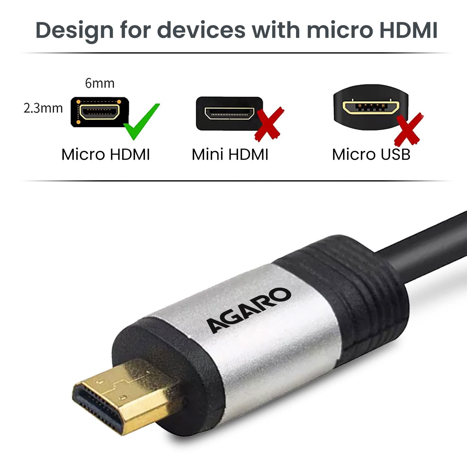 Agaro Micro HDMI to HDMI Cable Male to Female Adapter - 4K Ultra HD, 3D, HDR Support - Silver | Perfect for Laptops, Cameras, Gaming Consoles & Home Theater Systems