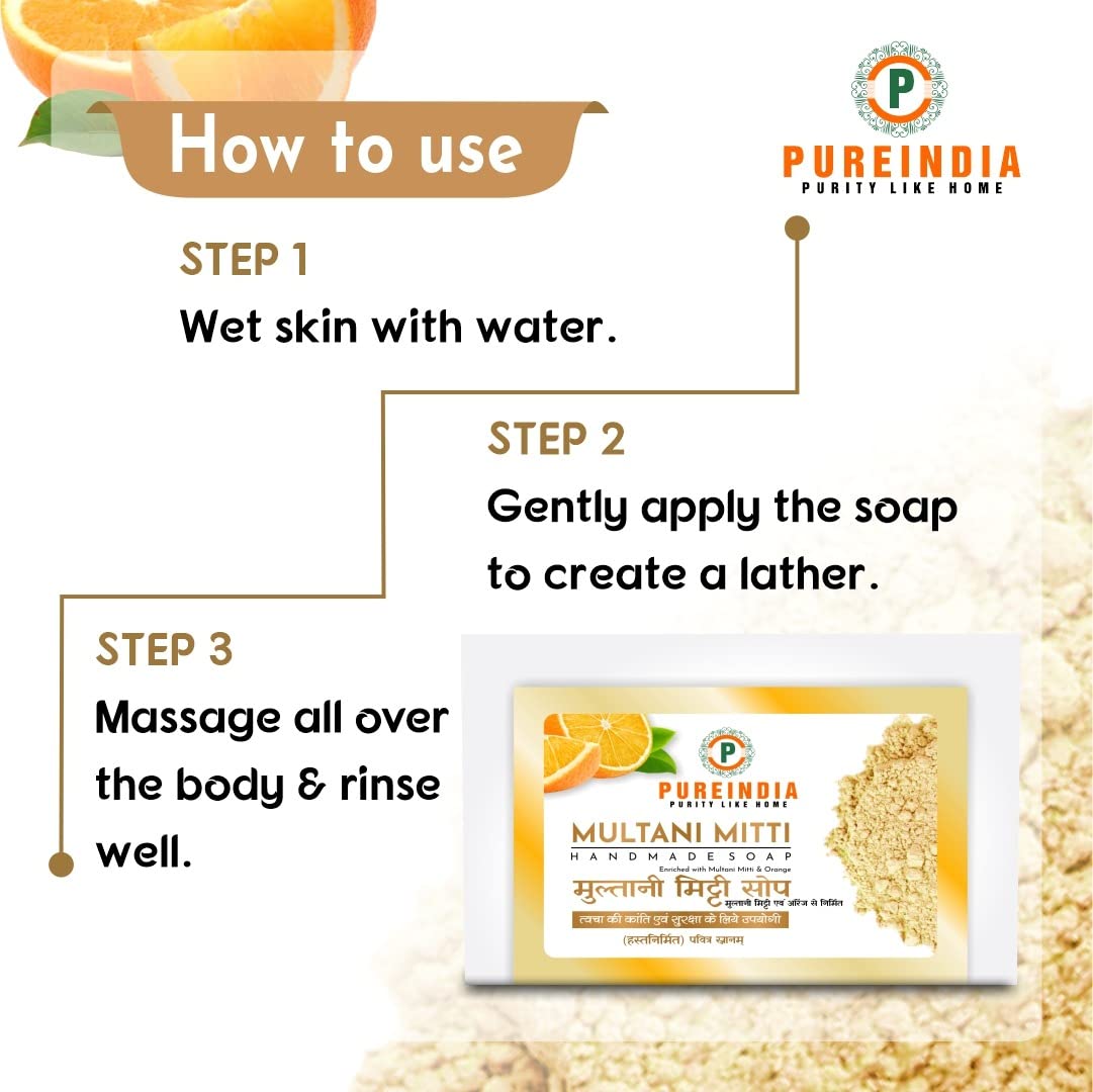 Pureindia Handmade Multani & Orange Bathing Bar - 100GM (Pack of 5) | All Skin Types | Enriched with Orange Essential Oil | Gentle Exfoliation & Moisturizing | Perfect for Daily Shower & Spa Relaxation