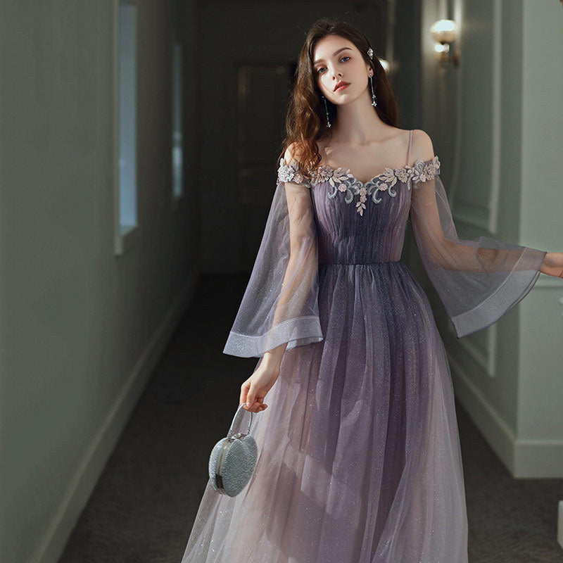 Elegant Off Shoulder Purple A-Line Tulle Prom Dress with Long Sleeves - Formal Evening Gown for Homecoming, Wedding Guest & Special Occasions
