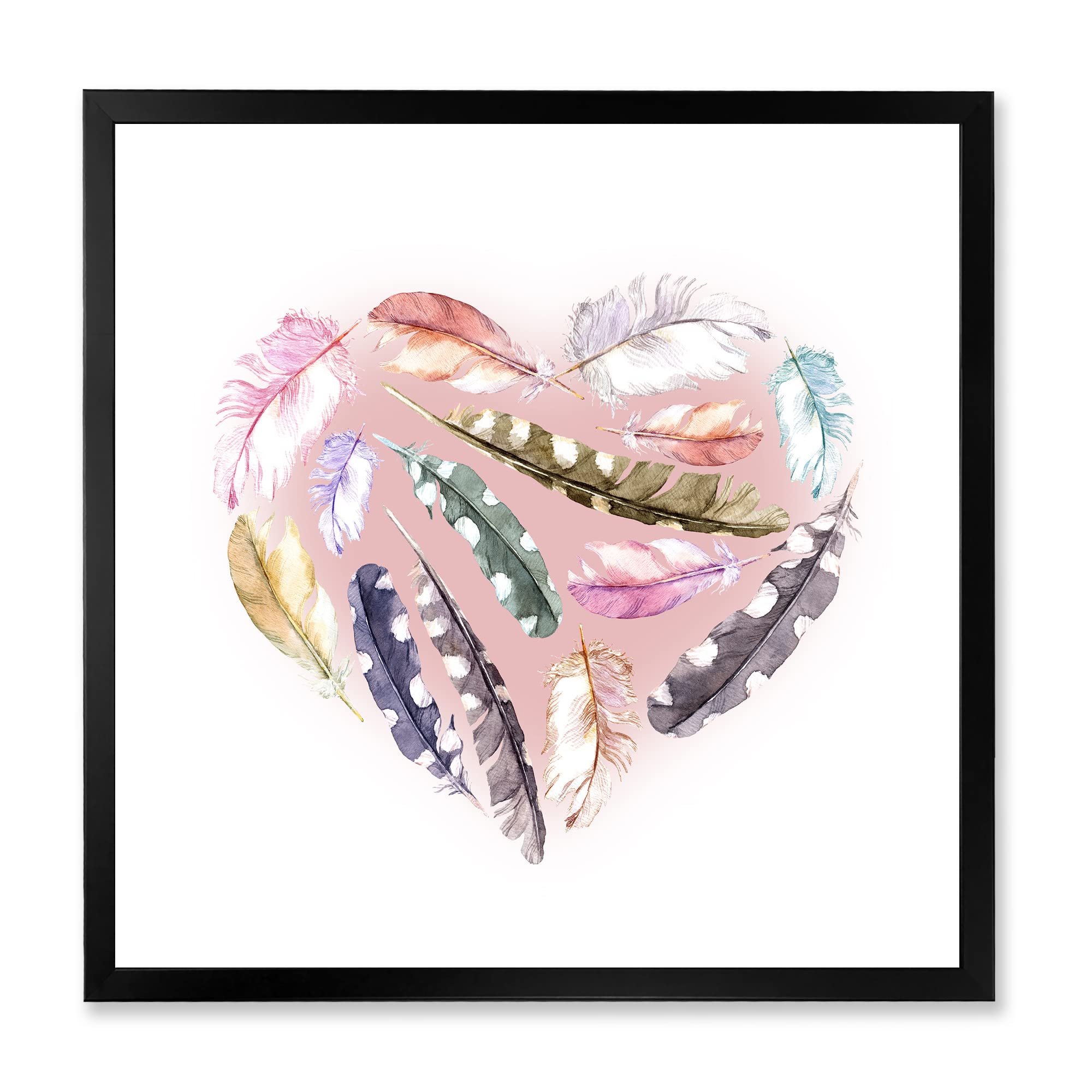 Bohemian Feather Heart Wall Art - Ethnic Eclectic Framed Decor for Living Room, Bedroom & Boho Home Decor