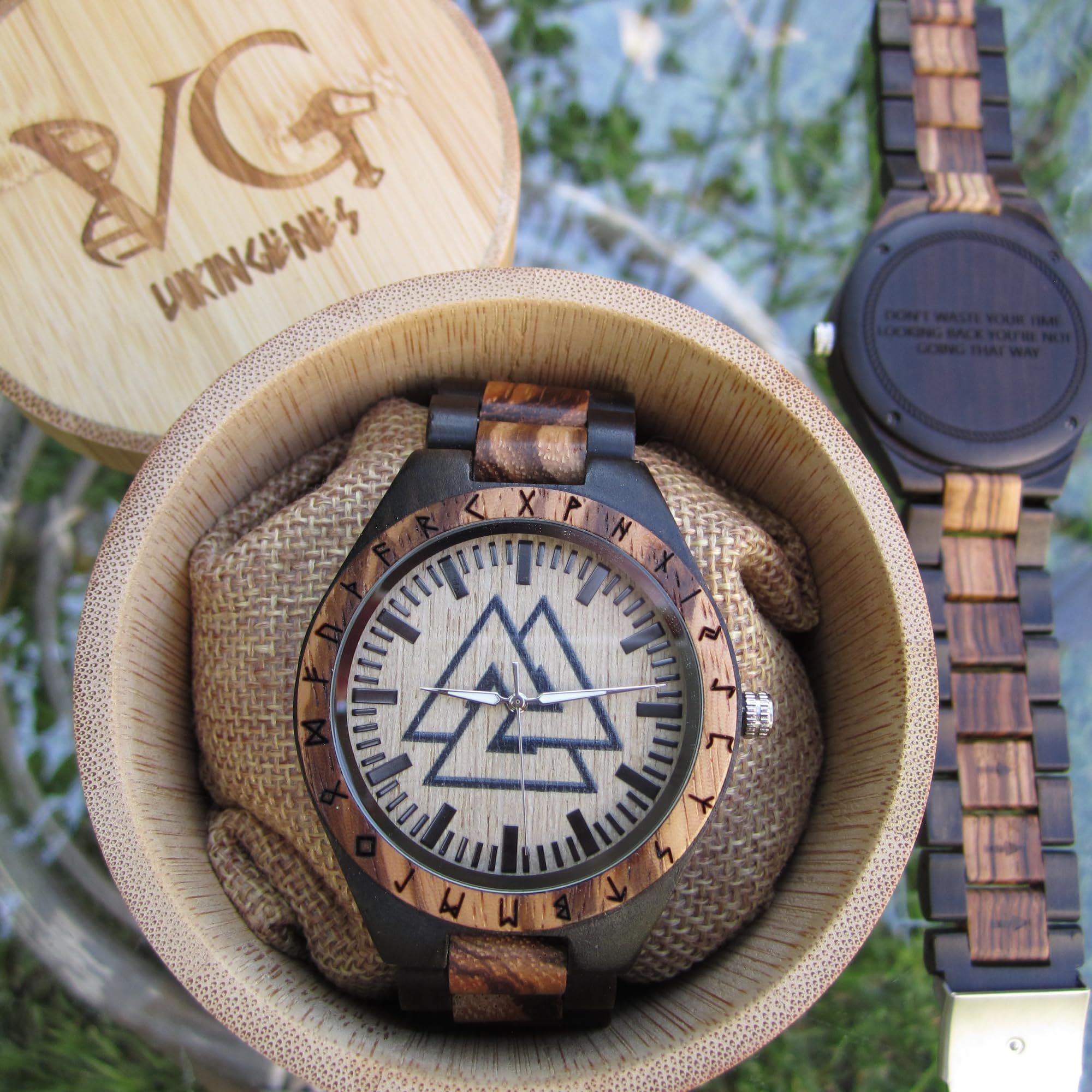 Vikingenes Wooden Watches for Men - Personalized Engraved Wood Watch | Luxury Natural Wood Chronograph Wristwatch | Unique Viking-Inspired Gift for Him | Perfect for Anniversary, Birthday & Special Occasions