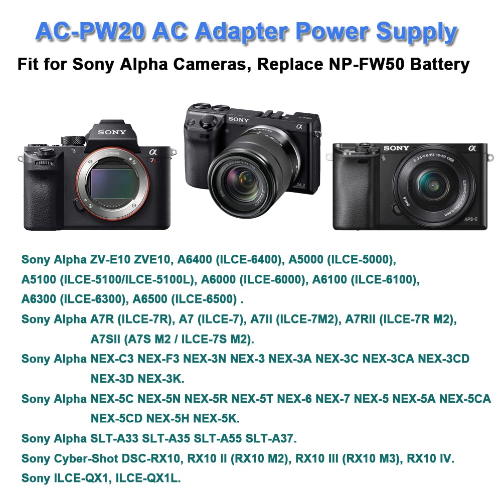 TKDY AC-PW20 Power Adapter NP-FW50 Dummy Battery for Sony Alpha ZV-E10 A6400 A6000 A6100 A5100 A7 A7II Cameras - Continuous Power Supply for Vlogging, Live Streaming & Photography