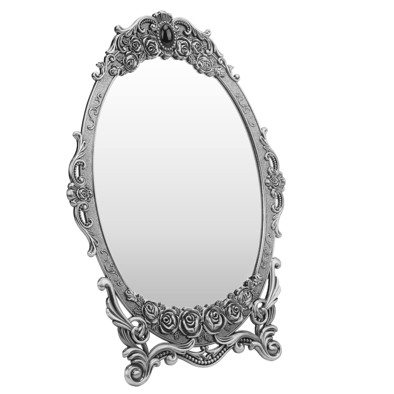 Jeanoko Vintage Vanity Mirror with Beaded Edges & Floral Embossed Design - Antique Tin Makeup Mirror for Dressing Table, Clear Reflection, Perfect Gift for Women - Ideal for Bedroom, Bathroom & Travel Makeup Application