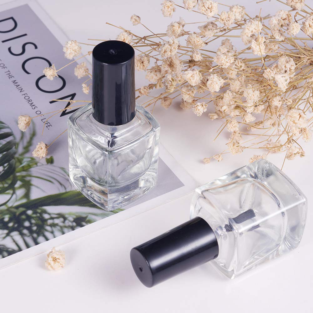 BENECREAT 12PCS 10ml Empty Clear Glass Nail Polish Bottles with Brushes & 5PCS Funnel Hopper - Refillable DIY Nail Art Supplies for Salon, Home Manicure, Nail Extension, Gift Packaging
