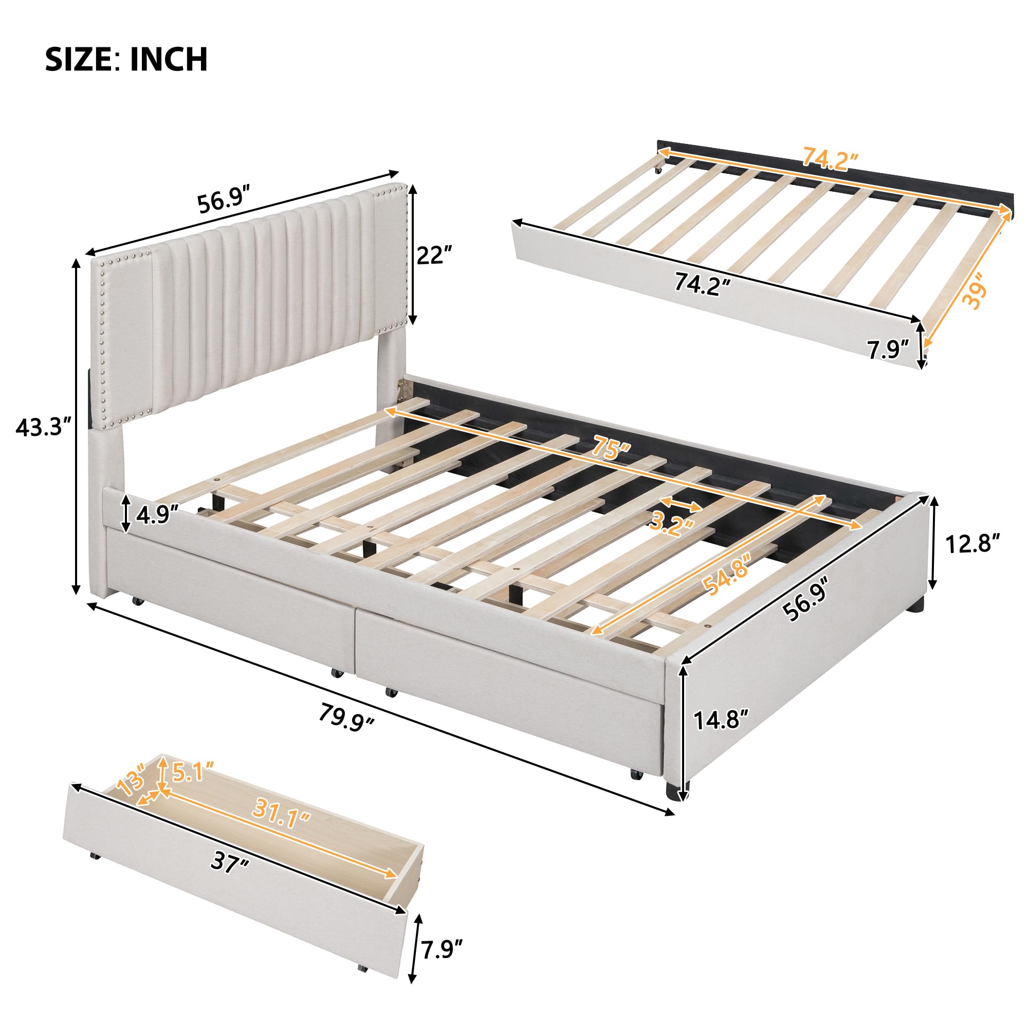 SOFTSEA Full Size Upholstered Platform Bed with Twin Trundle & Storage Drawers - Linen Fabric Bed Frame with Tufted Headboard & Nailhead Trim in Beige - Perfect for Guest Rooms, Small Spaces & Modern Bedroom Decor