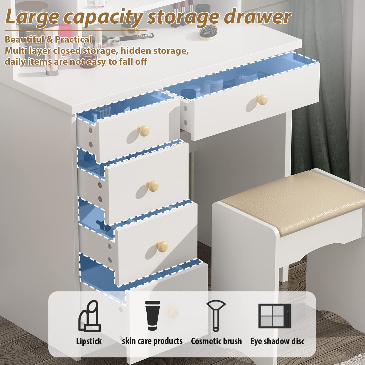 FUFU&GAGA White Vanity Set with LED Round Mirror - 5 Drawer Makeup Dressing Table, Storage Shelves & Cushioned Stool for Bedroom, Bathroom or Dressing Room - Perfect for Makeup Application, Hair Styling & Home Decor
