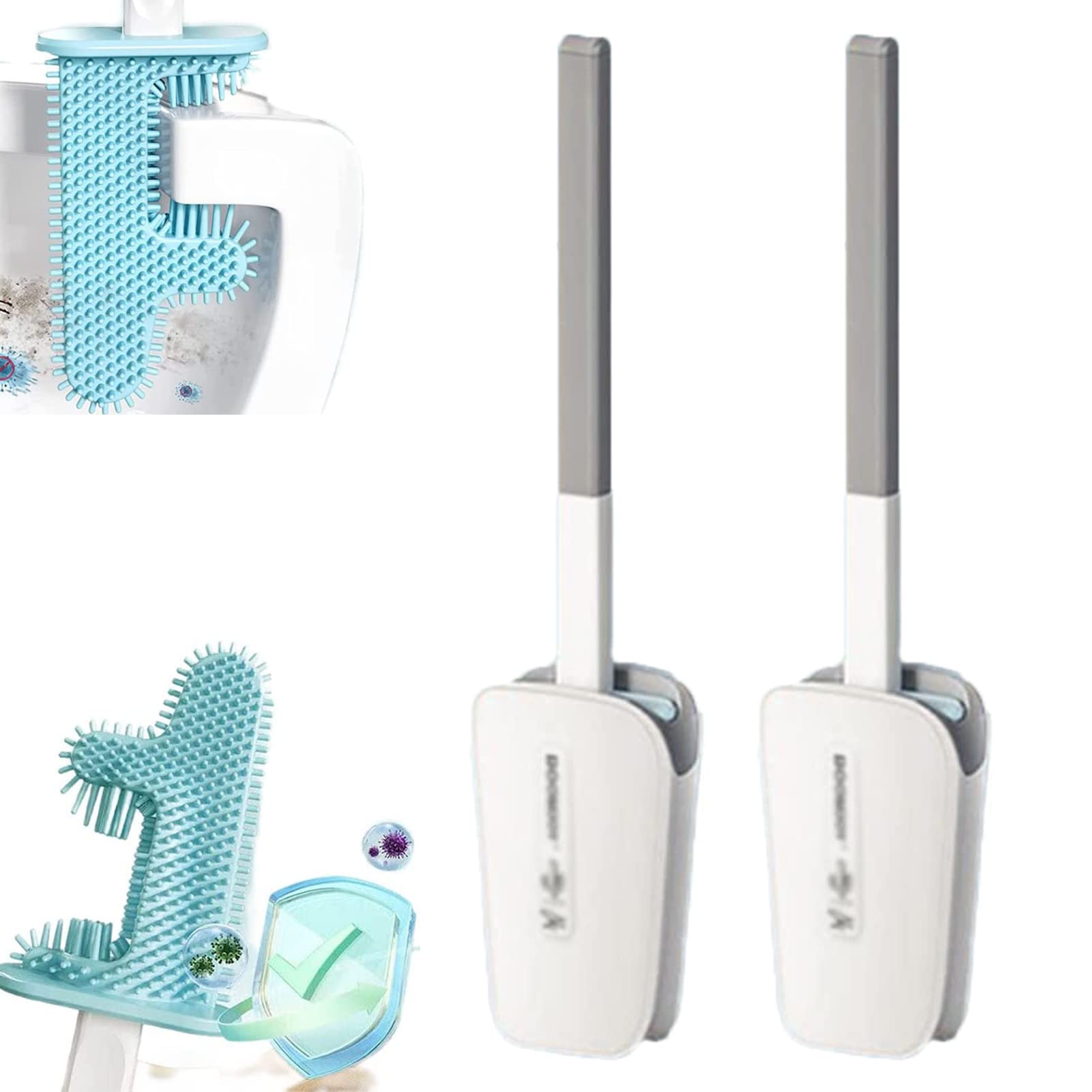 2PCS Wall Mounted Toilet Brush Set - No Dead Corner Cactus Design, Flexible Silicone Bristles with Holder - Long Handle Soft Cleaning Brush for Bathroom (White) - Perfect for Small Spaces & Modern Home Cleaning