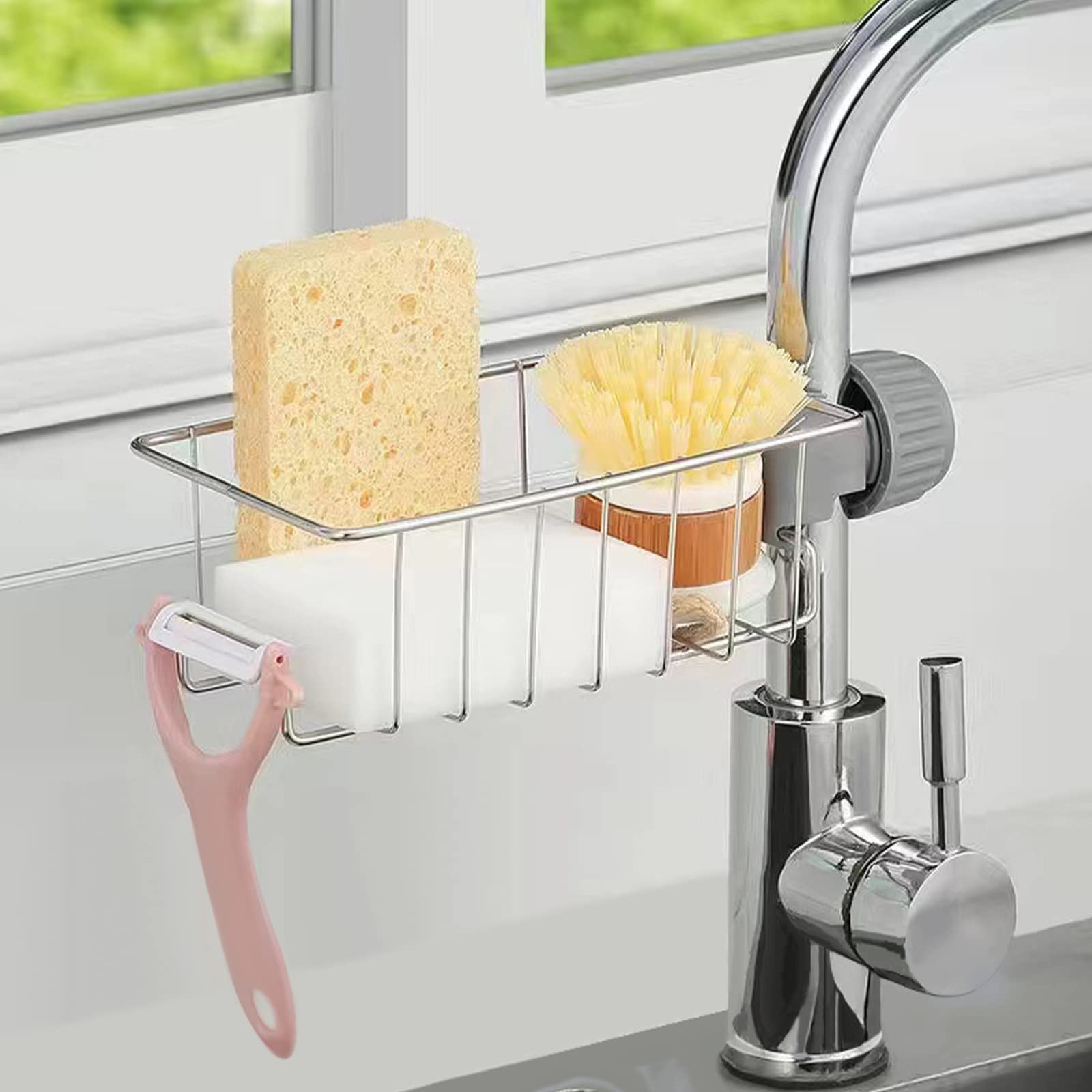 304 Stainless Steel Heavy Duty Over Faucet Sponge Holder & Kitchen Sink Organizer - Detachable Hanging Drain Rack for Scrubbers, Soap, Bathroom Storage (Heightened & Lengthened) - Perfect for Small Kitchen Organization & Bathroom Counter Space Saving