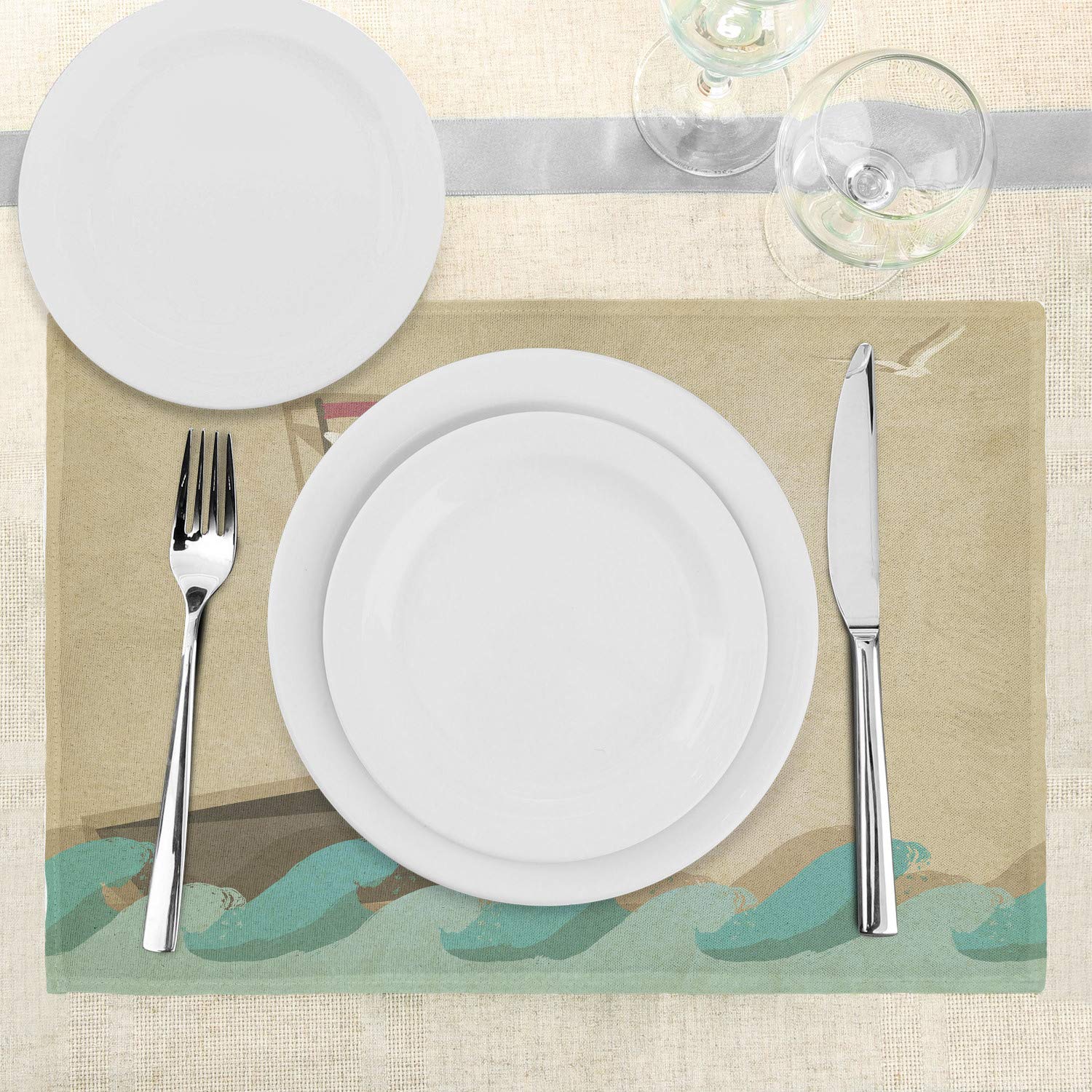 Ambesonne Nautical Placemats Set of 4 - Sailboat & Seagulls Ocean Theme Washable Fabric Place Mats for Dining Table & Kitchen Decor in Seafoam, Sand, Brown & White | Perfect for Beach House, Coastal Dining & Summer Entertaining