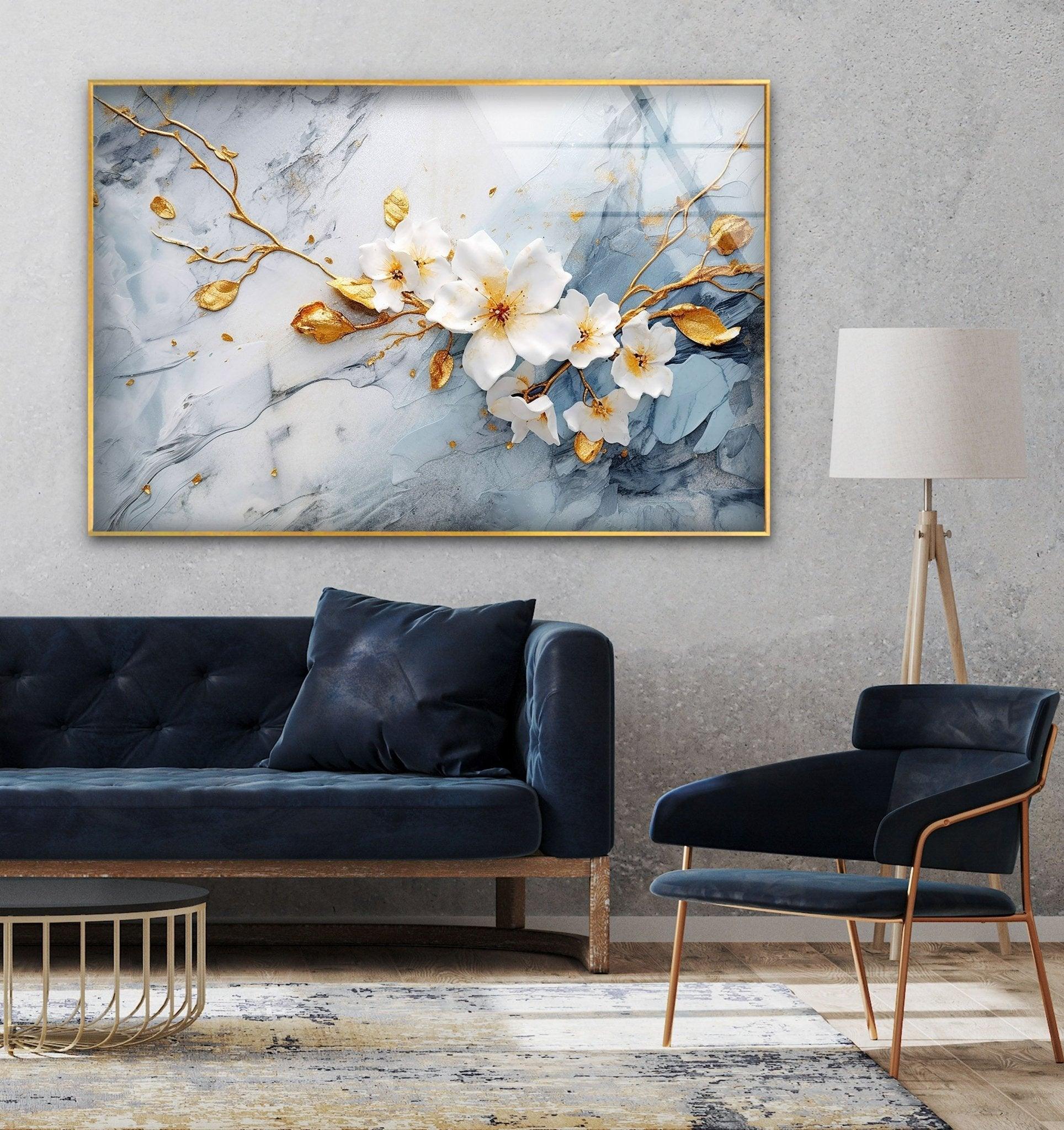 Alcohol Ink White Flower Glass Wall Art - Handmade Modern Home Decor for Living Room, Bedroom & Office - Unique Gift Idea