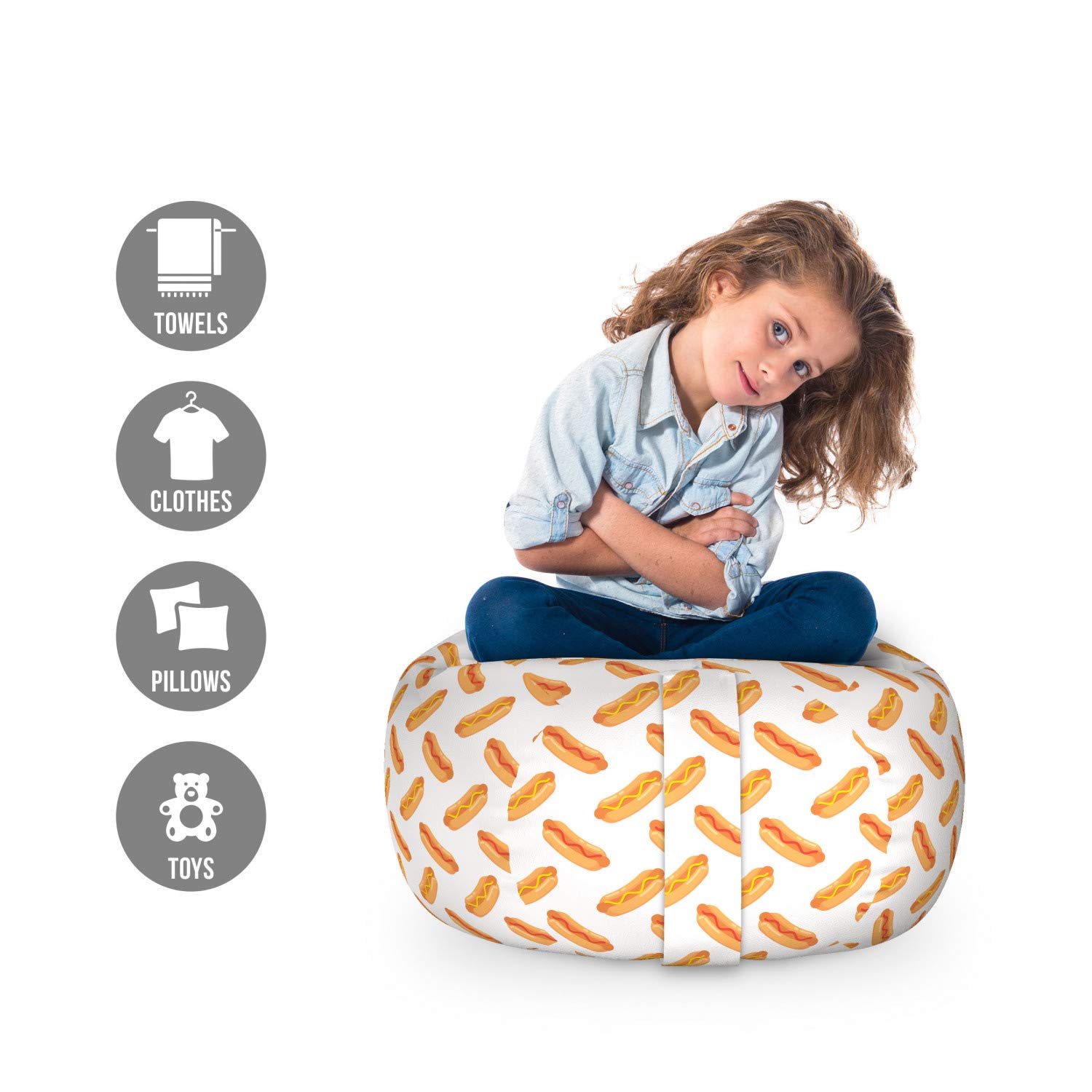 Ambesonne Hot Dog Storage Toy Bag Chair - Washable Stuffed Animal Organizer with Food Doodle Design (Sausage, Mustard, Ketchup) - Small Size in Orange & Dark Peach - Perfect for Kids' Room, Playroom & Pet Toy Storage
