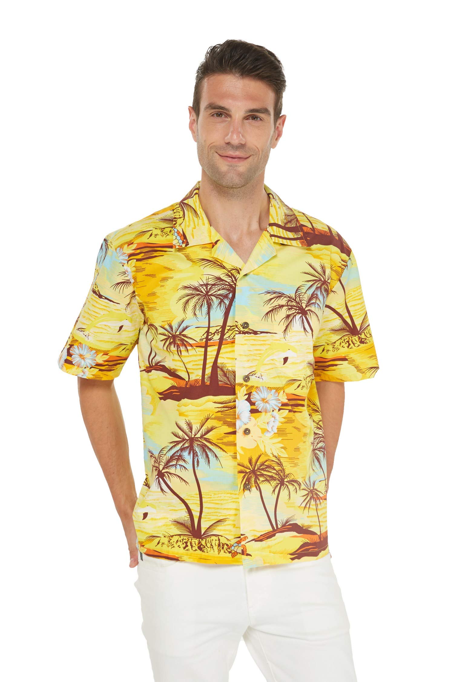 Vintage Matching Father Daughter Hawaiian Luau Dance Shirts - Tropical Sunset with Dolphin Print Aloha Shirts for Beach Party, Family Vacation & Summer Outfits