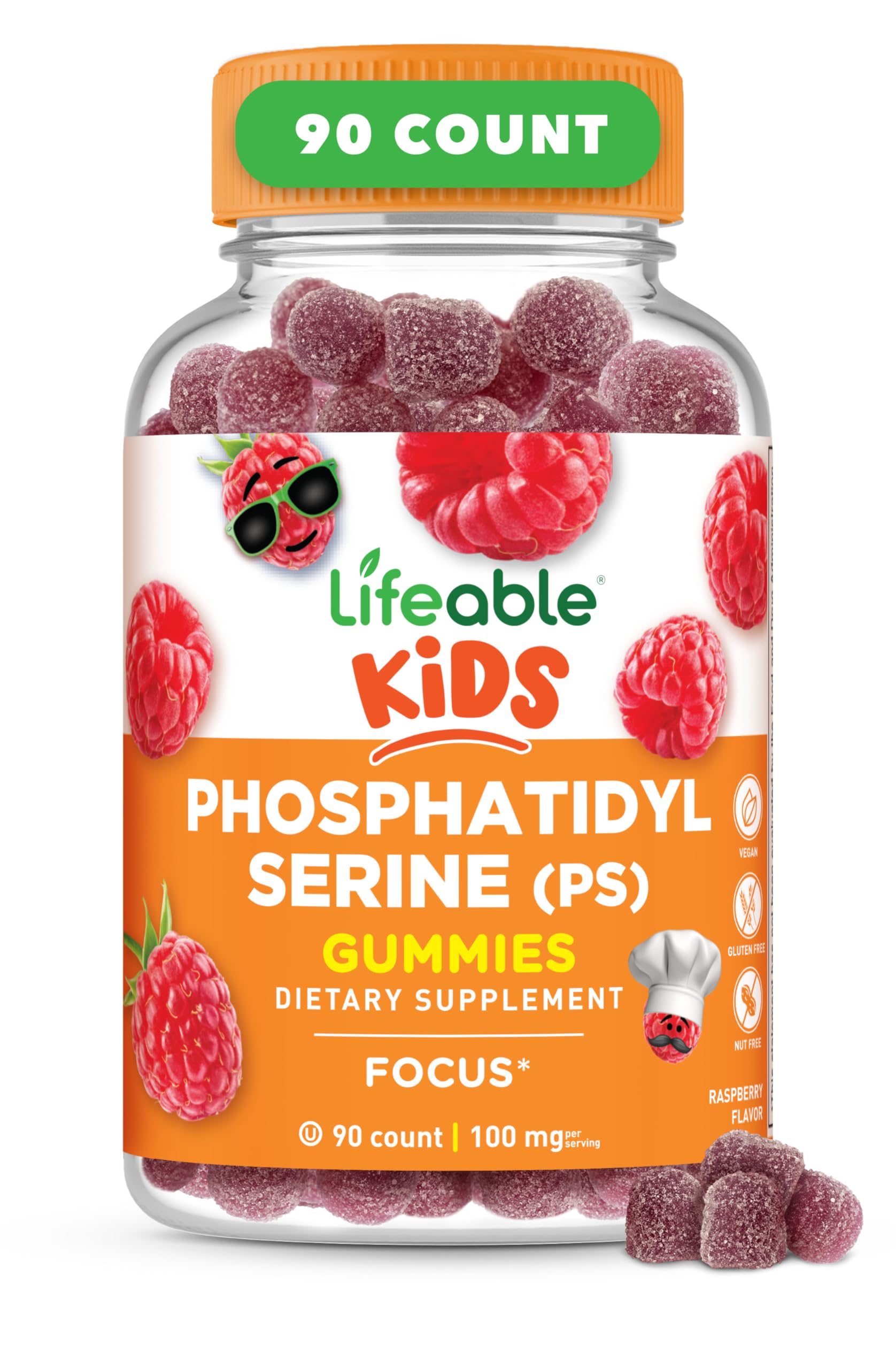 Lifeable Phosphatidylserine (PS100) Kids Focus Gummies - 100mg Brain Support Supplement for Children | Tasty Cognitive Support Chewables | 90 Count | Supports Concentration for School & Homework
