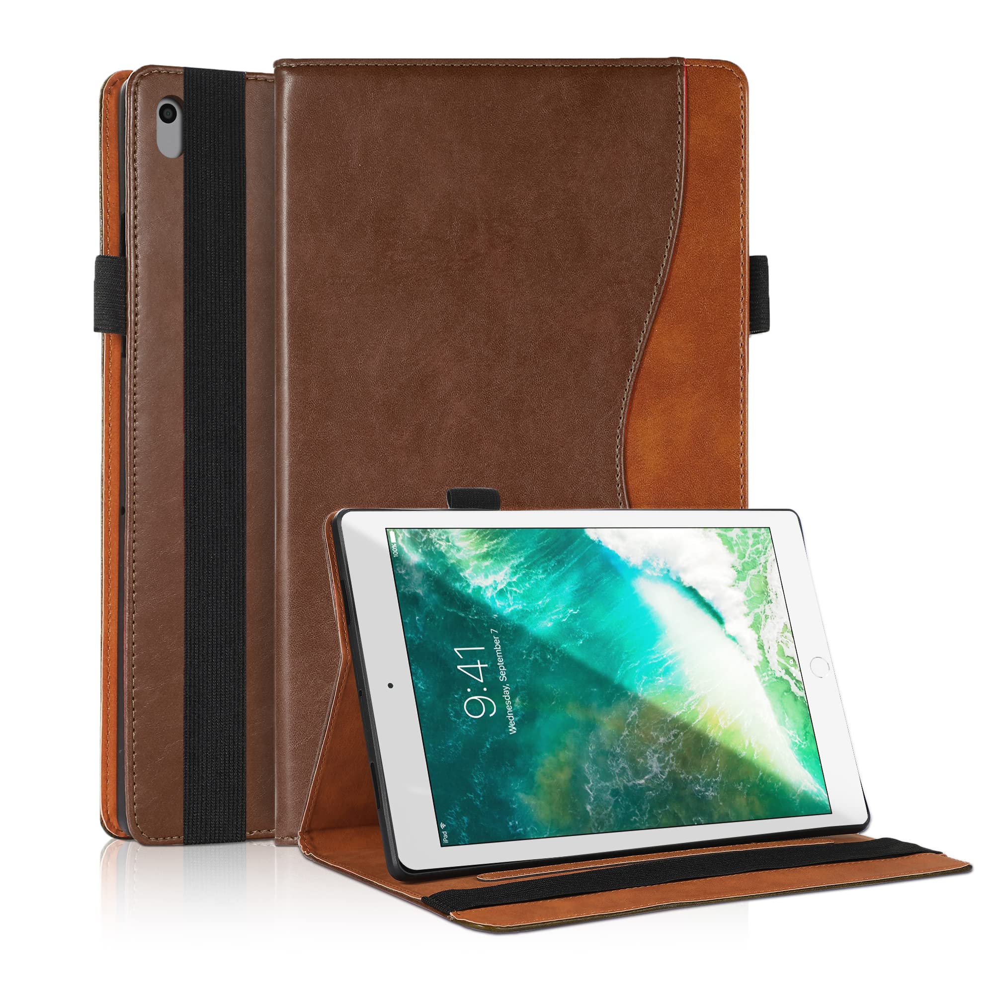 Premium PU Leather Flip Case for iPad 9.7 Inch (6th Gen 2018/5th Gen 2017) & iPad Air/Air 2 - Multi-Angle Stand with Pen Holder - Compatible with Models A1954/A1893/A1823/A1822 - Perfect for Work, Study & Travel - Brown