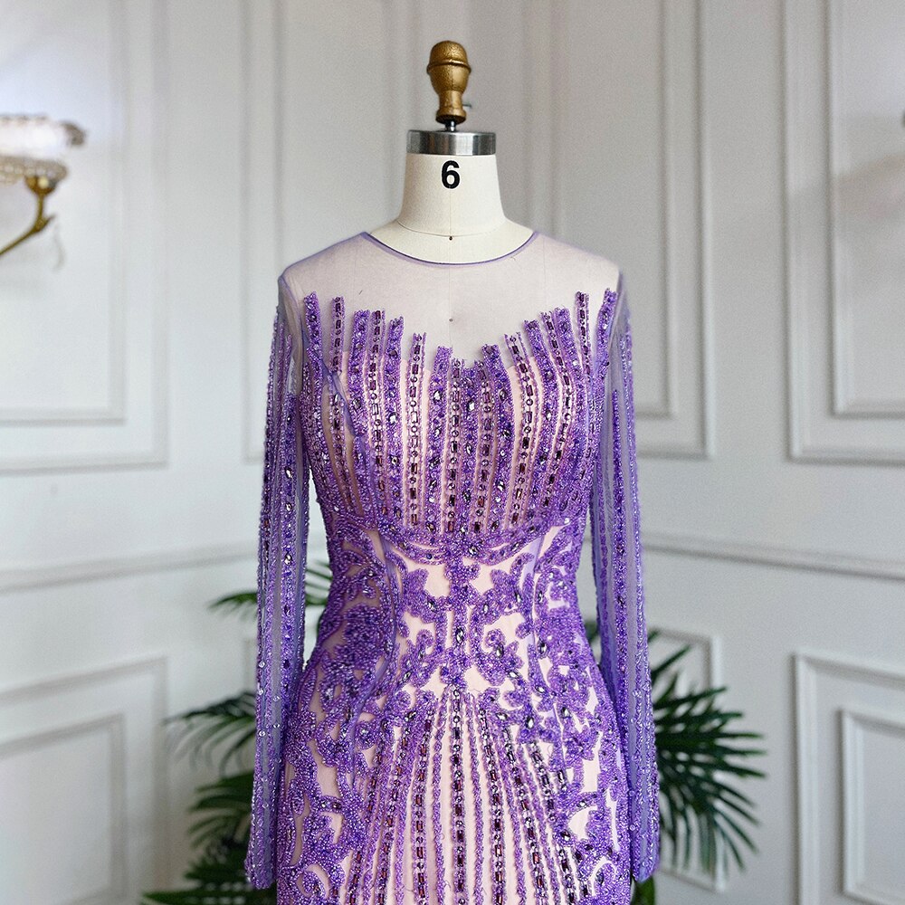 Elegant Beaded Crystal Dubai Long Evening Dresses for Women - Muslim Lilac Mermaid Gown for Wedding, Party & Special Occasions | Serene Hill LA71959 | 2025 Fashion Collection