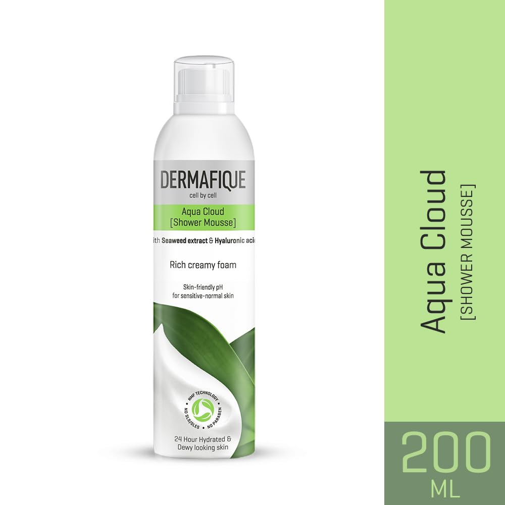 Dermafique Aqua Cloud Shower Mousse - 200ml Hydrating Body Wash for Women & Men with Seaweed Extracts & Hyaluronic Acid | Rich Foam, NMF Technology | Sensitive & Normal Skin | Dermatologist Tested | Perfect for Daily Shower & Spa Relaxation